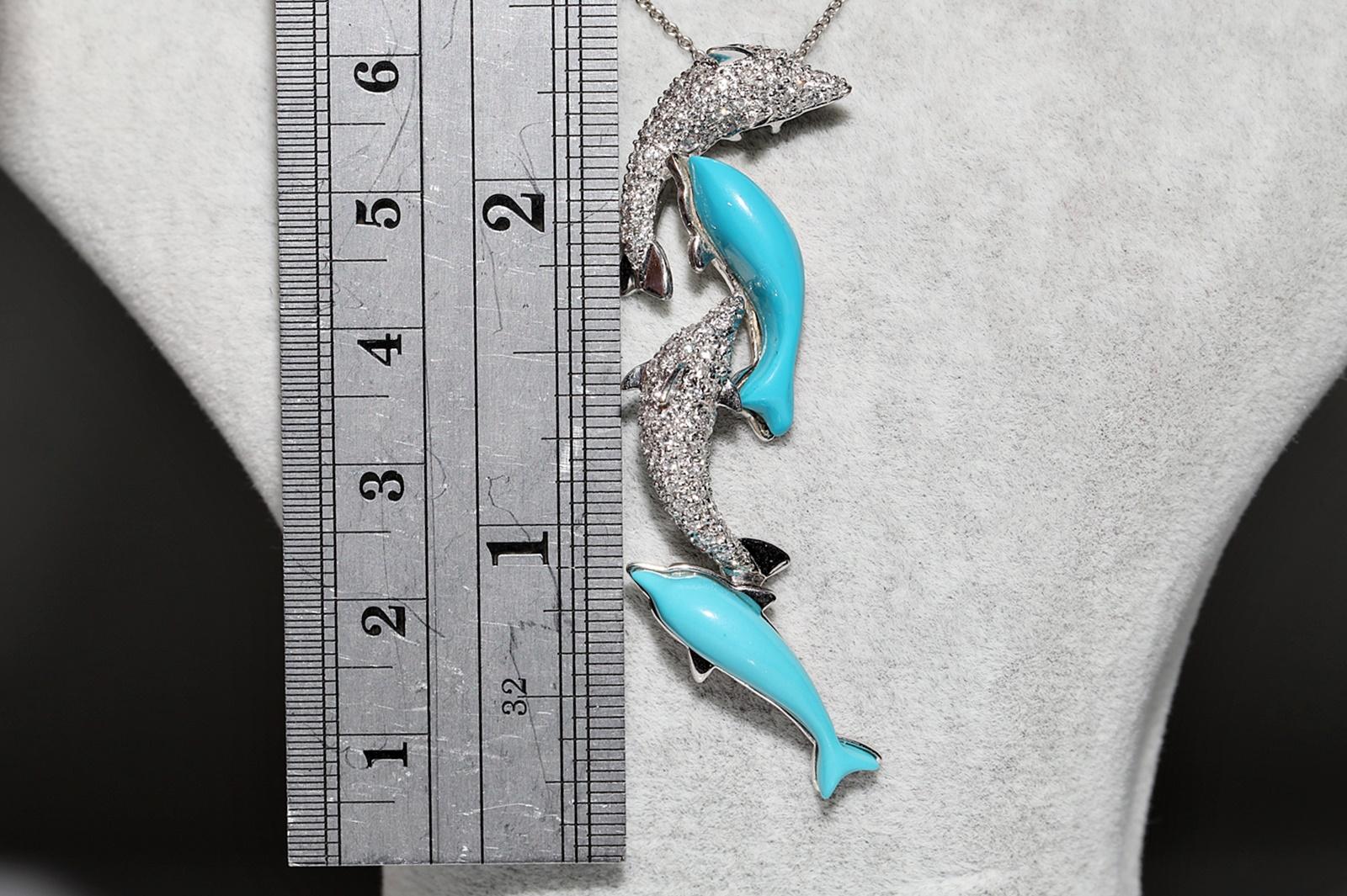 Brilliant Cut 18k White Gold Natural Diamond And Turquoise Decorated Dolphin Pendant Necklace For Sale