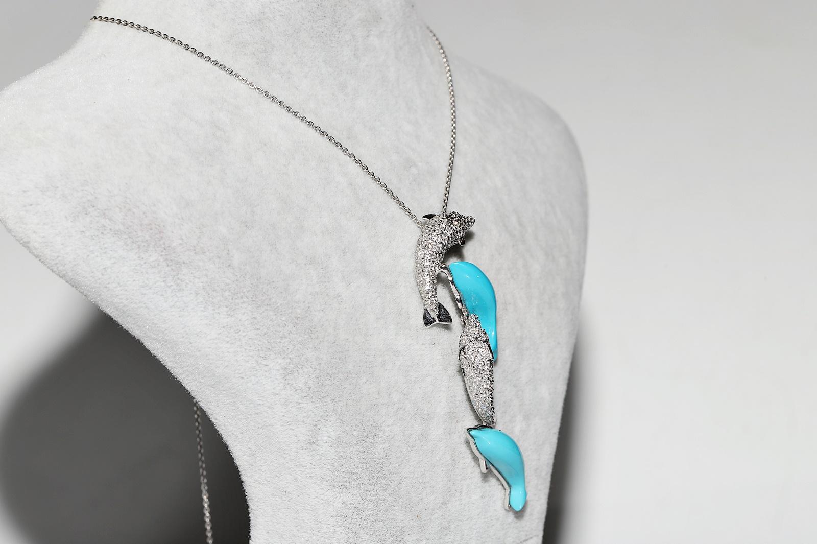 18k White Gold Natural Diamond And Turquoise Decorated Dolphin Pendant Necklace In Good Condition For Sale In Fatih/İstanbul, 34