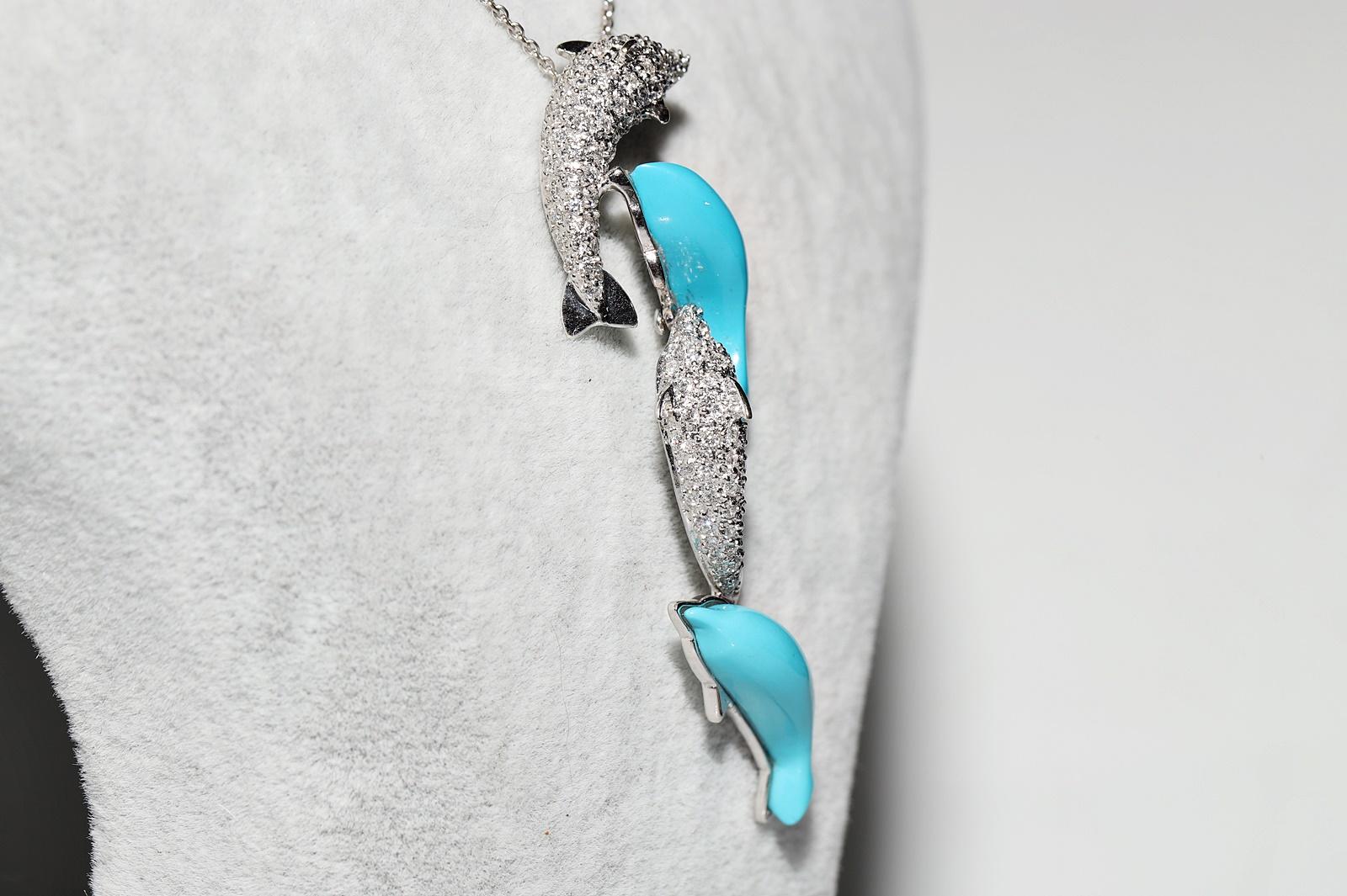 Women's 18k White Gold Natural Diamond And Turquoise Decorated Dolphin Pendant Necklace For Sale