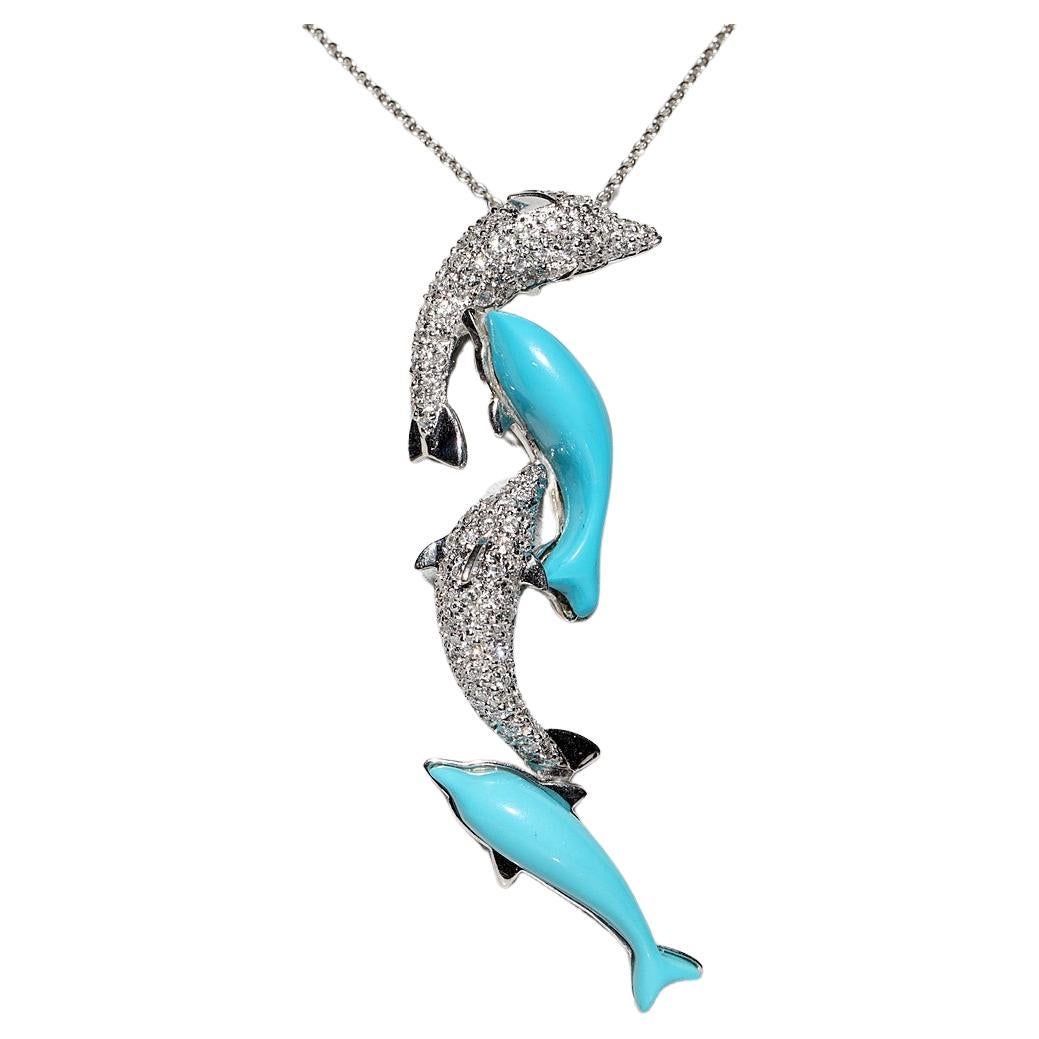 18k White Gold Natural Diamond And Turquoise Decorated Dolphin Pendant Necklace For Sale