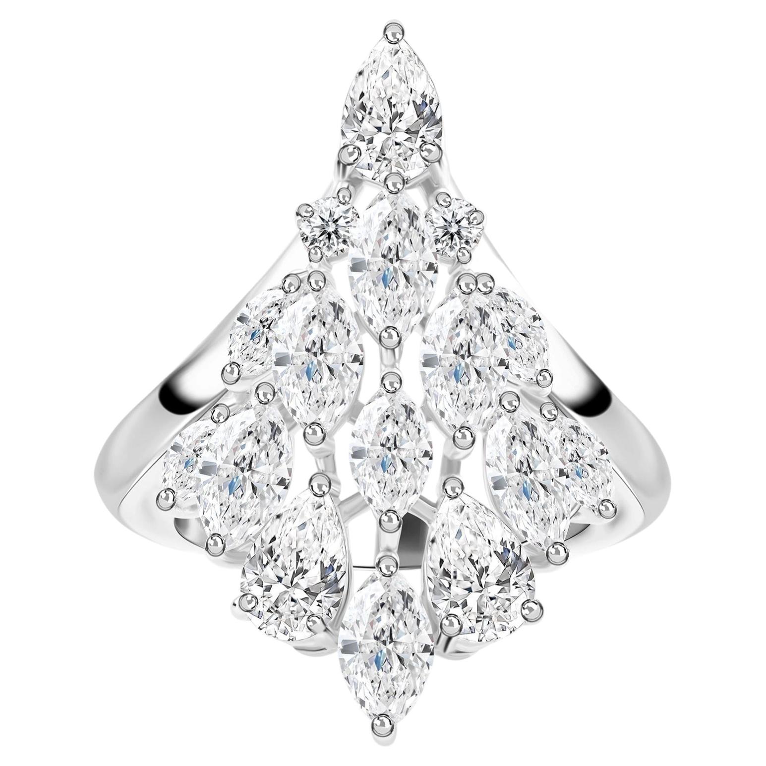 2.15 Carat SI/H Natural Pear & Marquise Cut Diamond Cluster Ring 18K White Gold