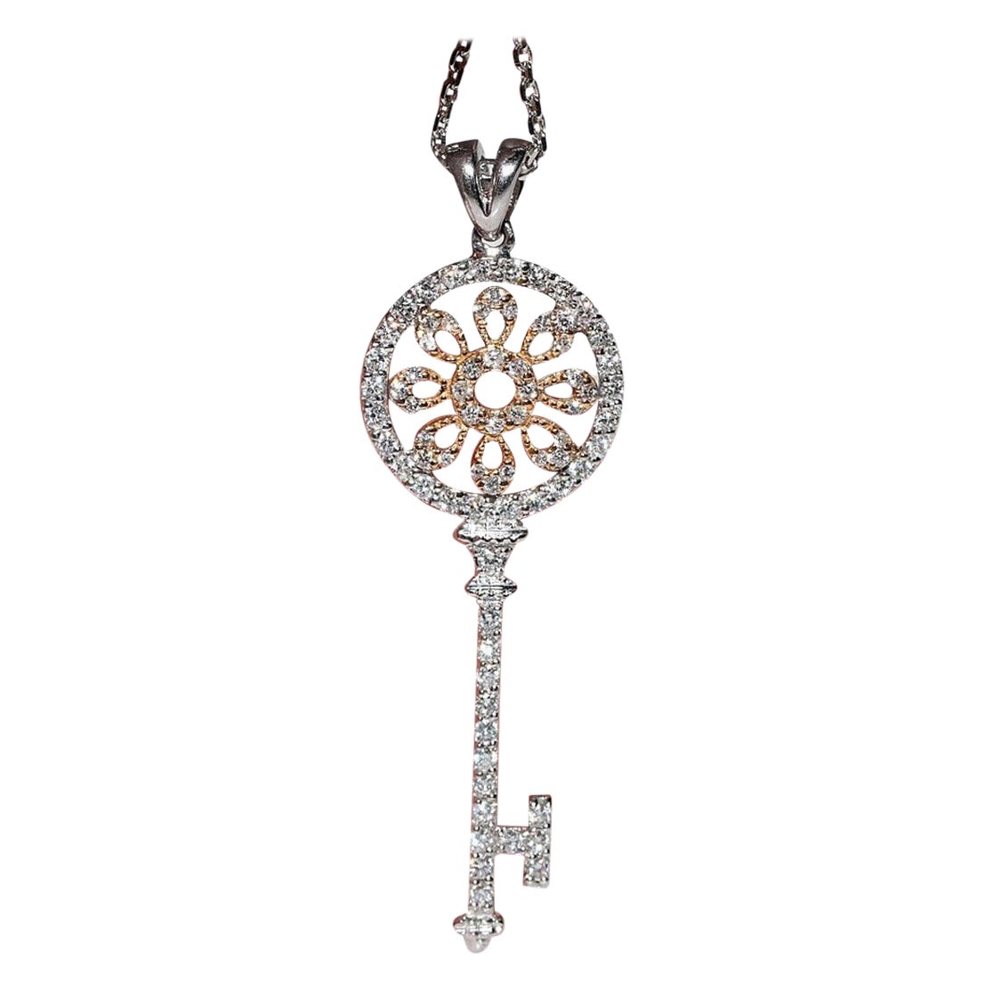 18k White Gold Diamond and Ruby Large Detailed Floral Key Pendant Wheat ...