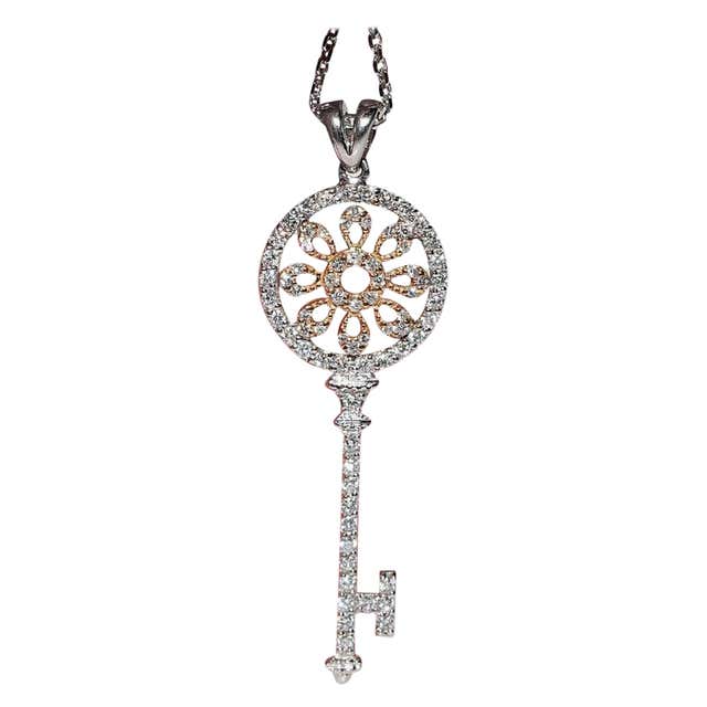 18k White Gold Diamond and Ruby Large Detailed Floral Key Pendant Wheat ...