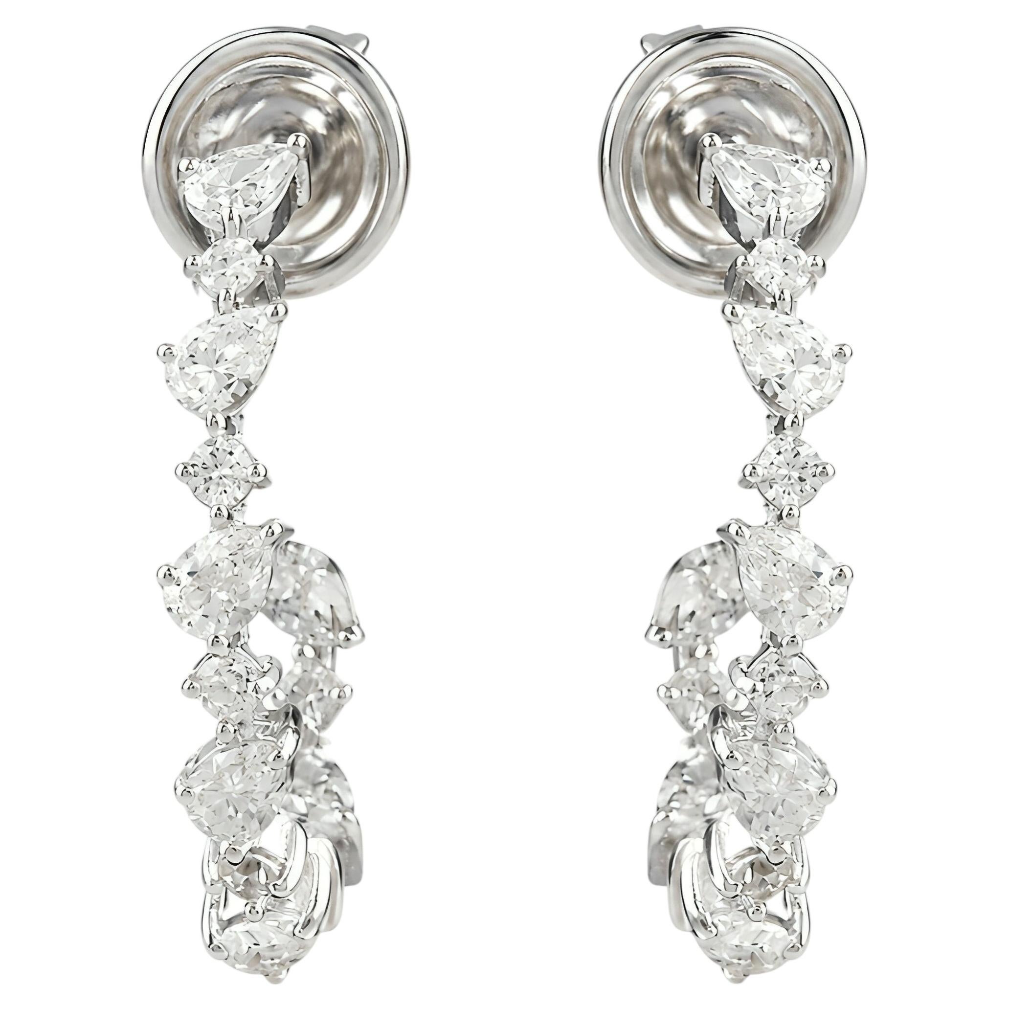 Natural Diamond Drop Hoop Earrings 0.84 Carats Multi Shape 18K White Gold