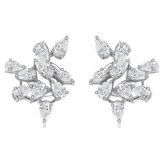 18K White Gold Natural Diamond Floral Cluster Stud Earrings 1.56 Carats