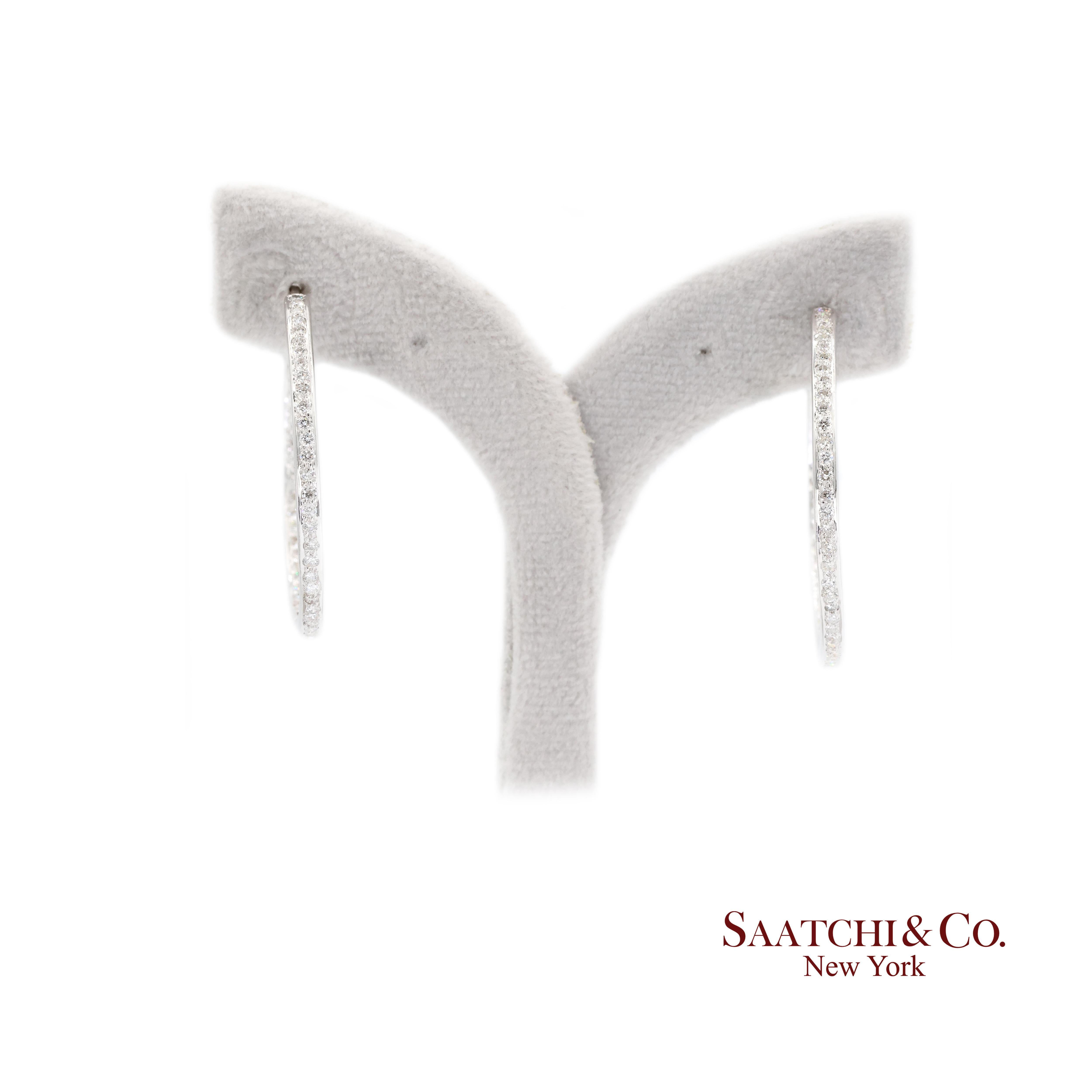 18K White Gold Natural Diamond Hoop Earrings In and Out Diamond For Sale 4