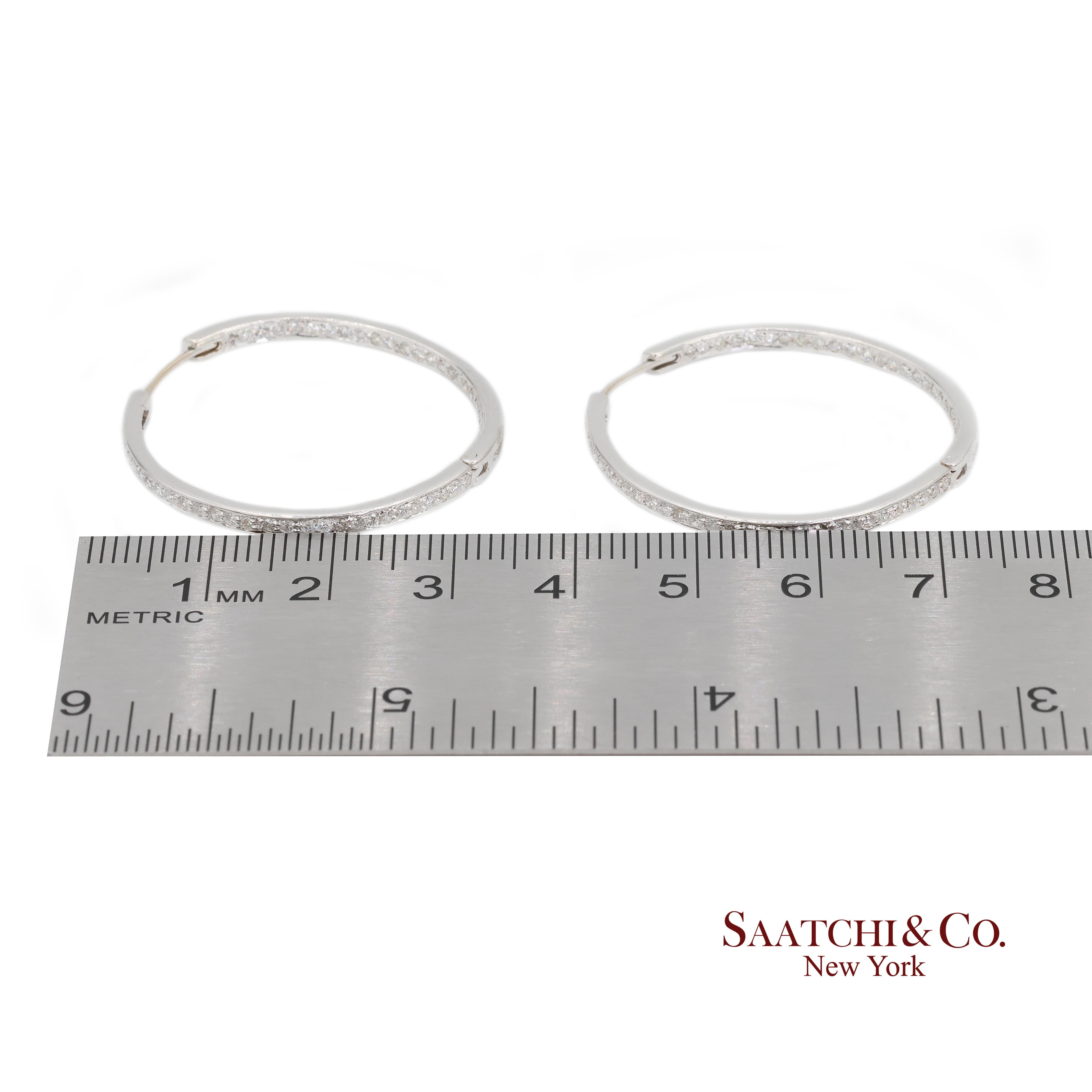 18K White Gold Natural Diamond Hoop Earrings In and Out Diamond For Sale 5
