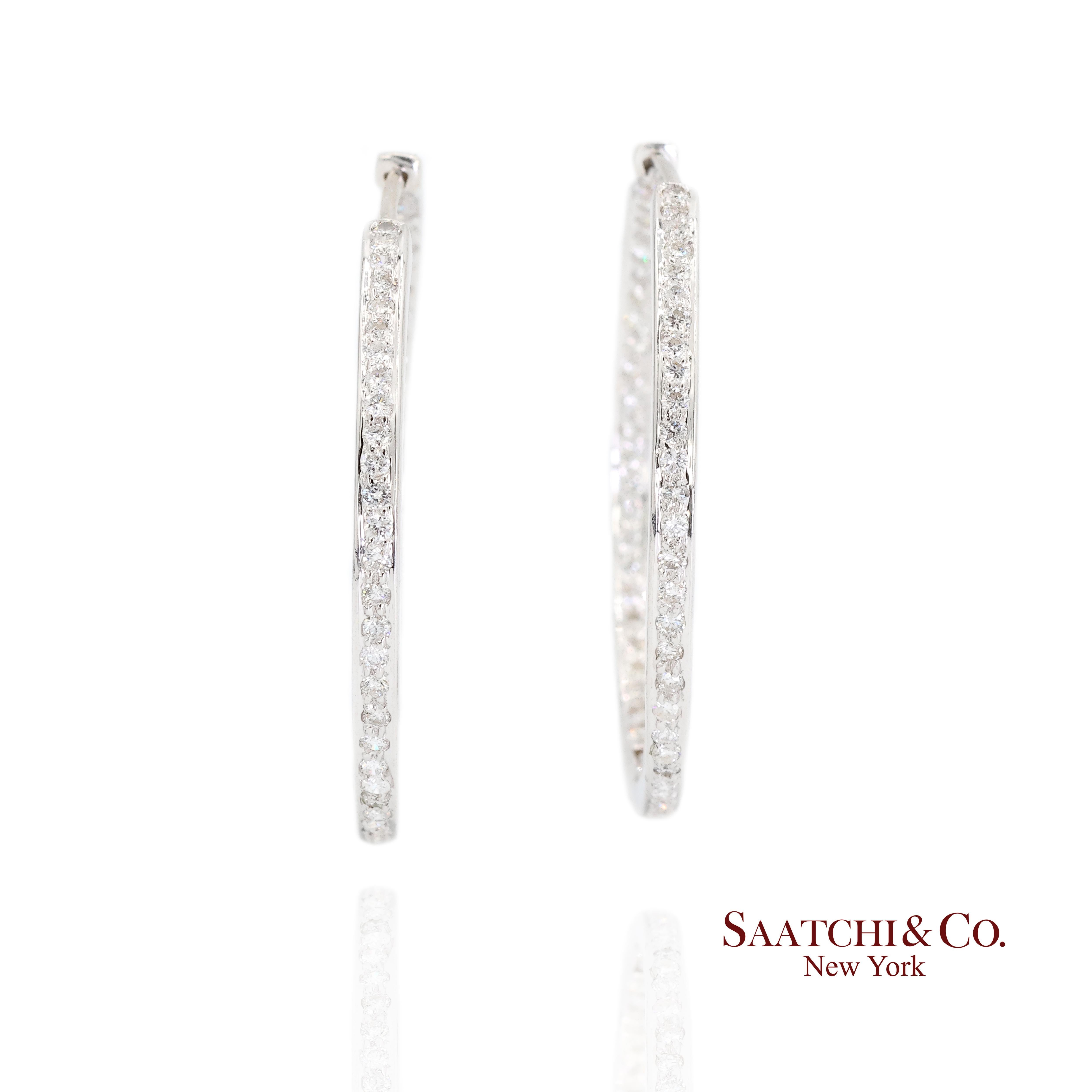 Contemporary 18K White Gold Natural Diamond Hoop Earrings In and Out Diamond For Sale