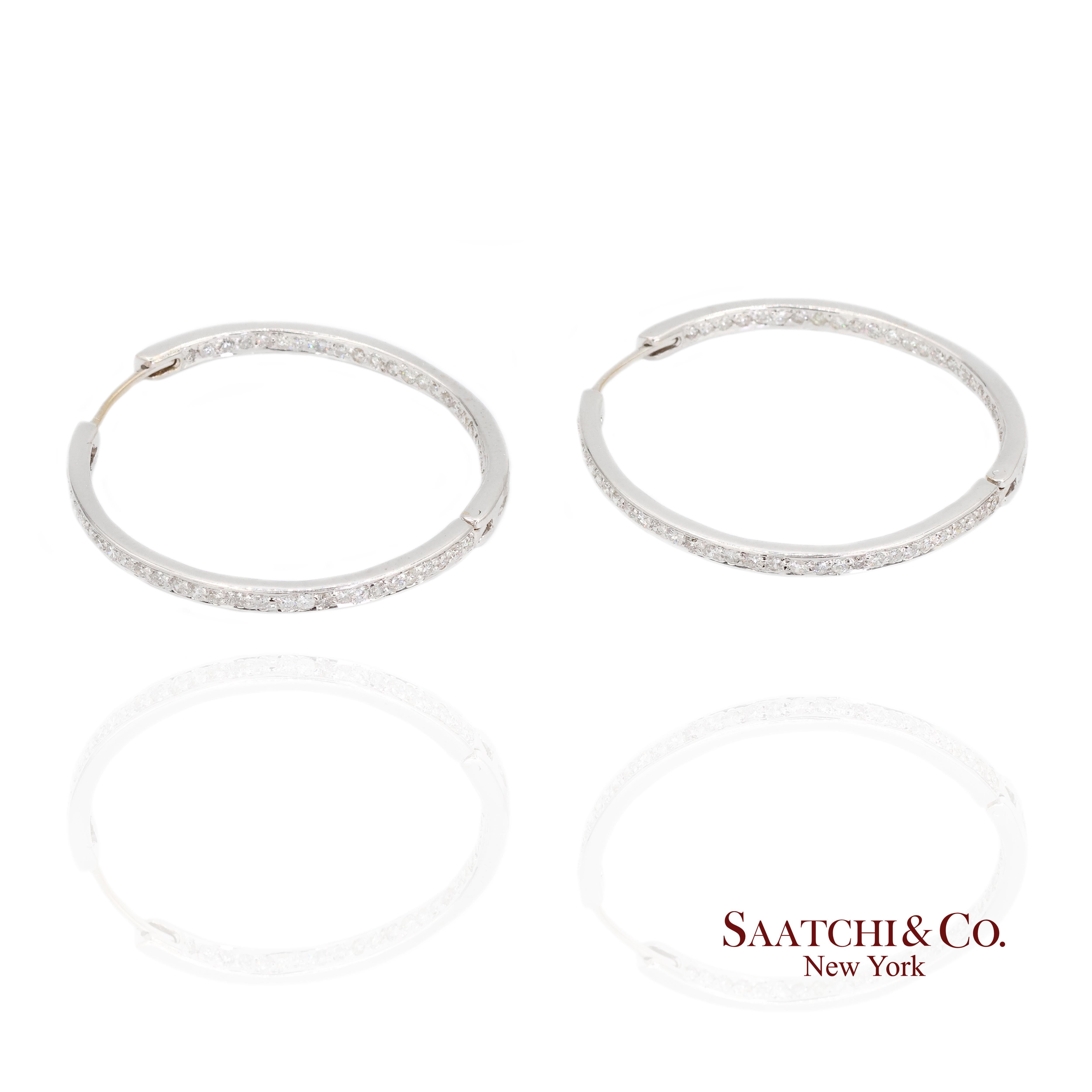 18K White Gold Natural Diamond Hoop Earrings In and Out Diamond For Sale 1