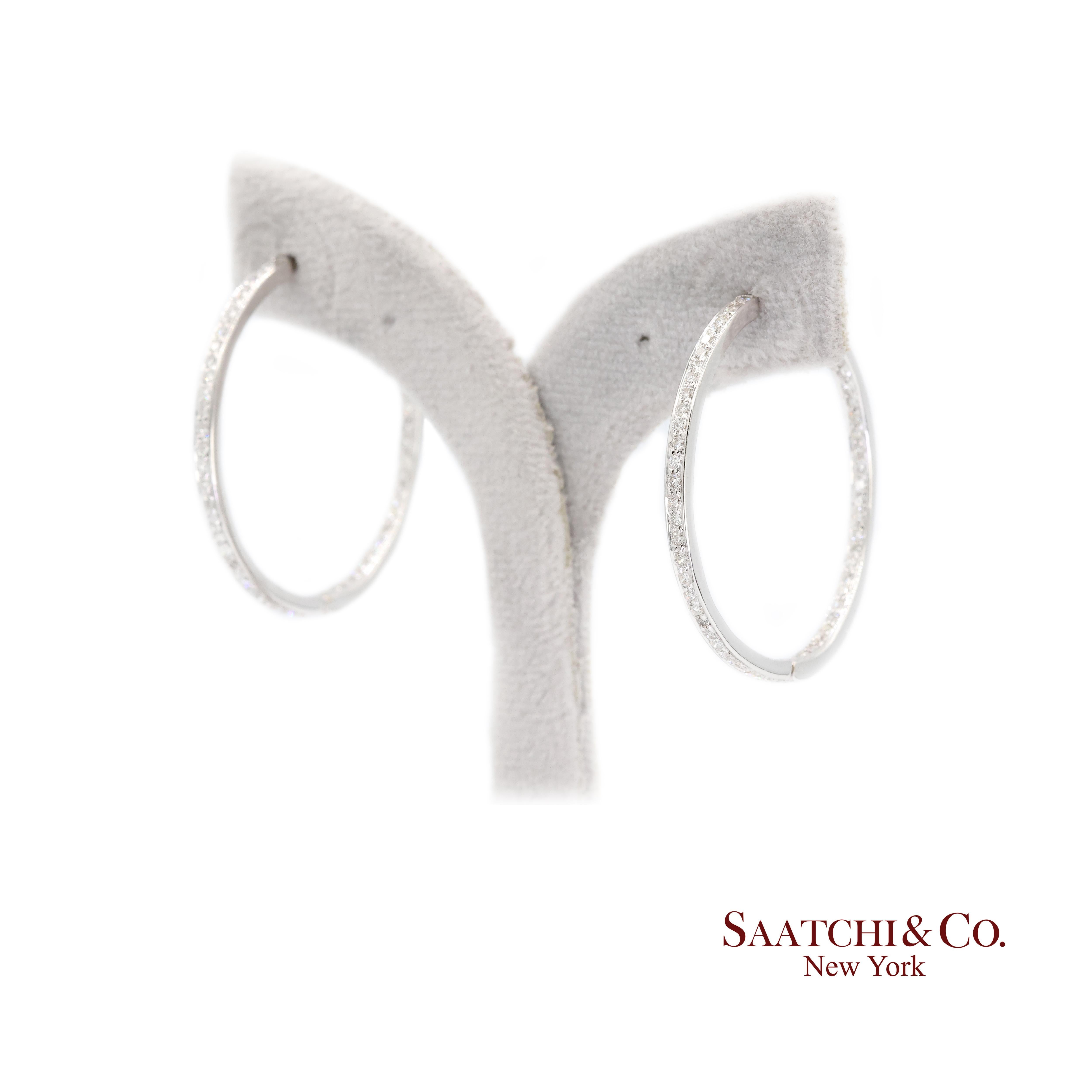 18K White Gold Natural Diamond Hoop Earrings In and Out Diamond For Sale 2