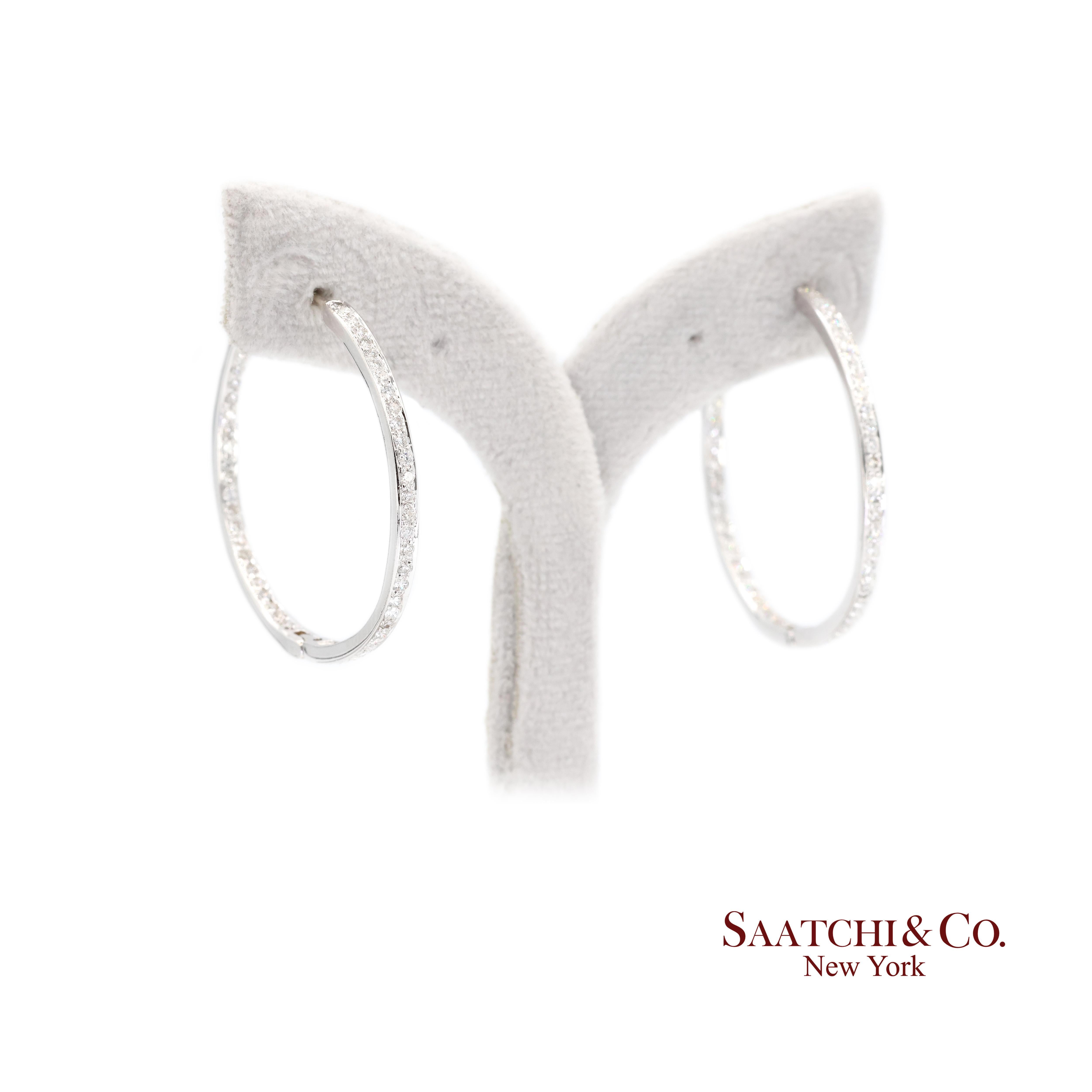 18K White Gold Natural Diamond Hoop Earrings In and Out Diamond For Sale 3