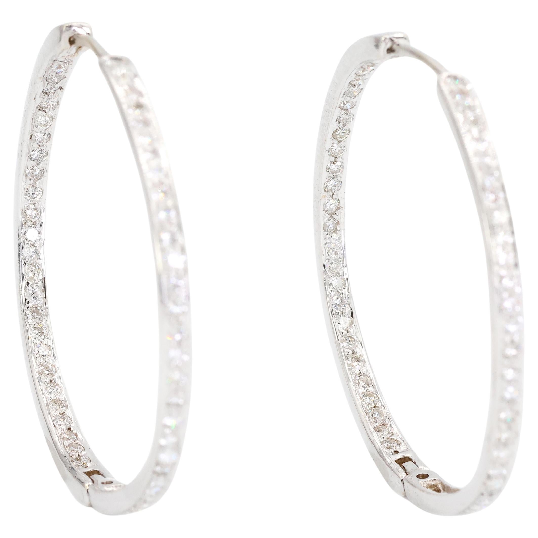18K White Gold Natural Diamond Hoop Earrings In and Out Diamond