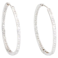 18K White Gold Natural Diamond Hoop Earrings In and Out Diamond