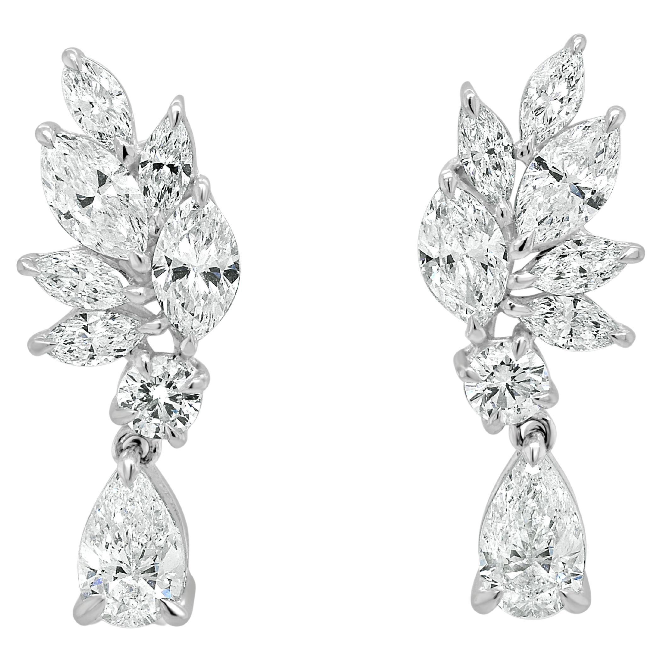 18K White Gold Natural Diamond Marquise & Pear Shape Earrings  3.62CT For Sale