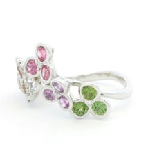 18K White Gold Natural Diamond & Multi-Color Round Shape Sapphire Ring In Stock