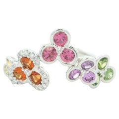 18K White Gold Natural Diamond & Multi-Color Round Shape Sapphire Ring In Stock