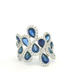 18K White Gold Natural Diamond & Pear Shape Sapphire Ring In Stock