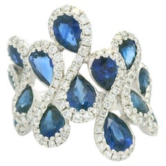 18K White Gold Natural Diamond & Pear Shape Sapphire Ring In Stock