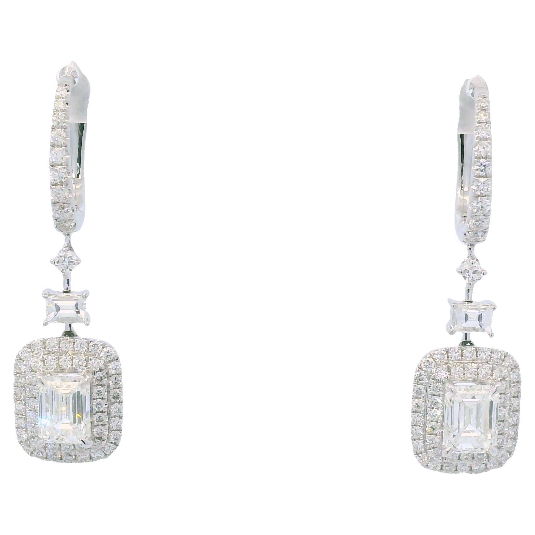18k White Gold Natural Emerald Cut & Round Brilliant Diamond Drop Earrings