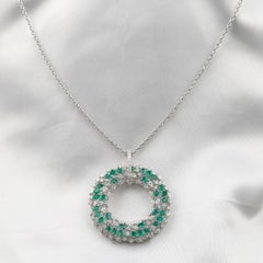 18K White Gold Natural Emerald & Diamond Wreath Pendant Necklace, Birthday Gifts