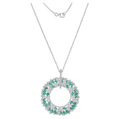 18K White Gold Natural Emerald & Diamond Wreath Pendant Necklace, Birthday Gifts