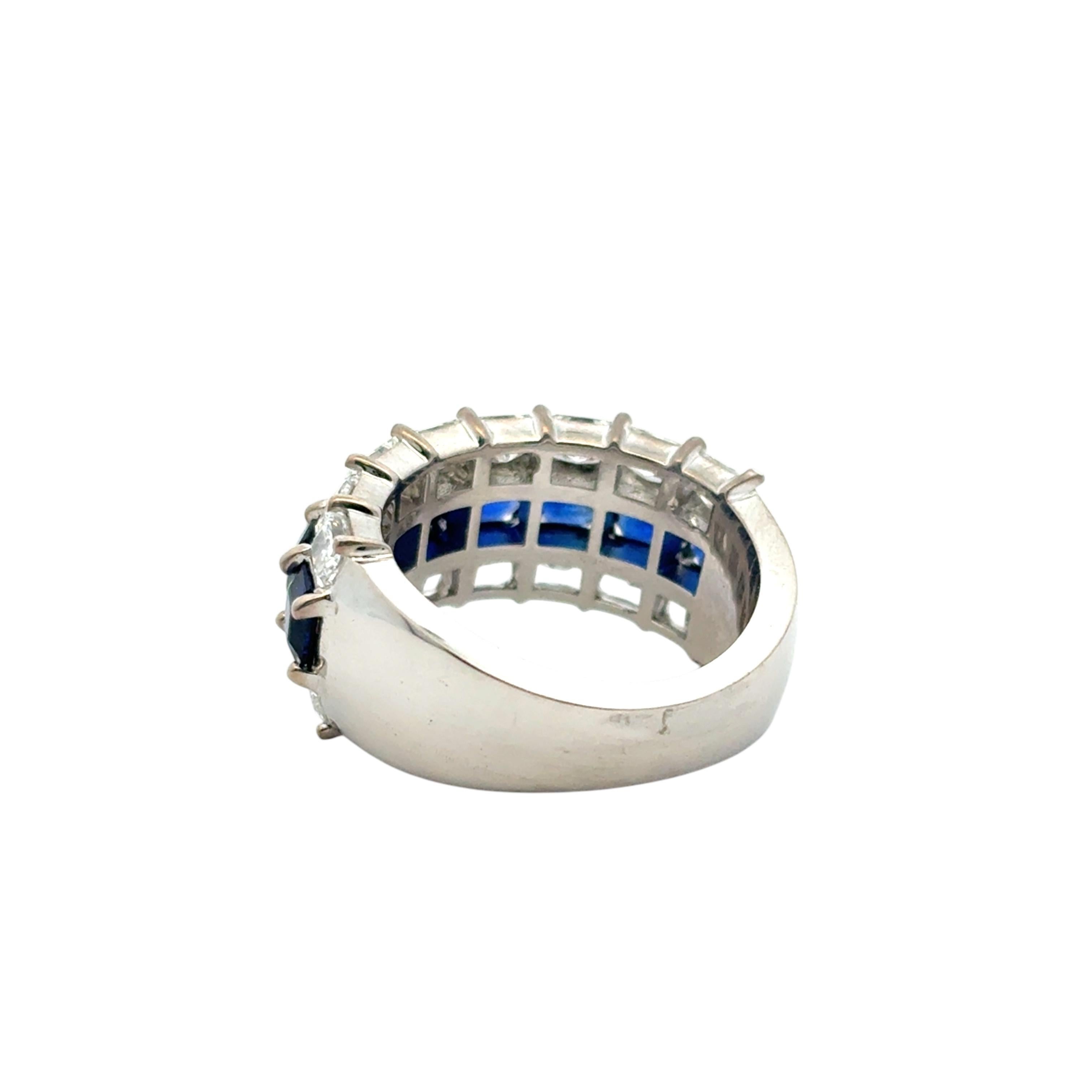 18k White Gold Natural Emerald Sapphire & Natural Radiant Diamond 3 Row Ring For Sale 4