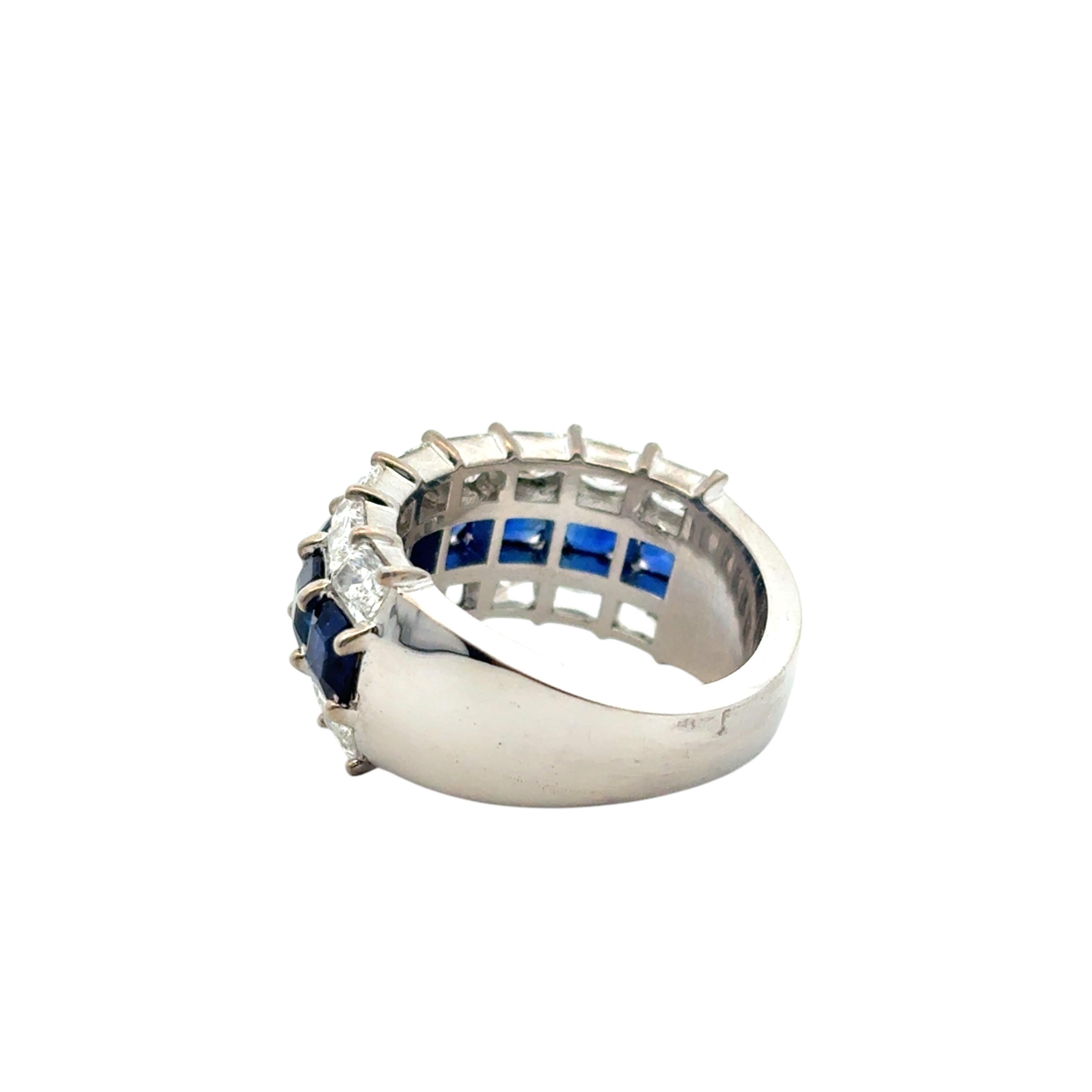 18k White Gold Natural Emerald Sapphire & Natural Radiant Diamond 3 Row Ring For Sale 5