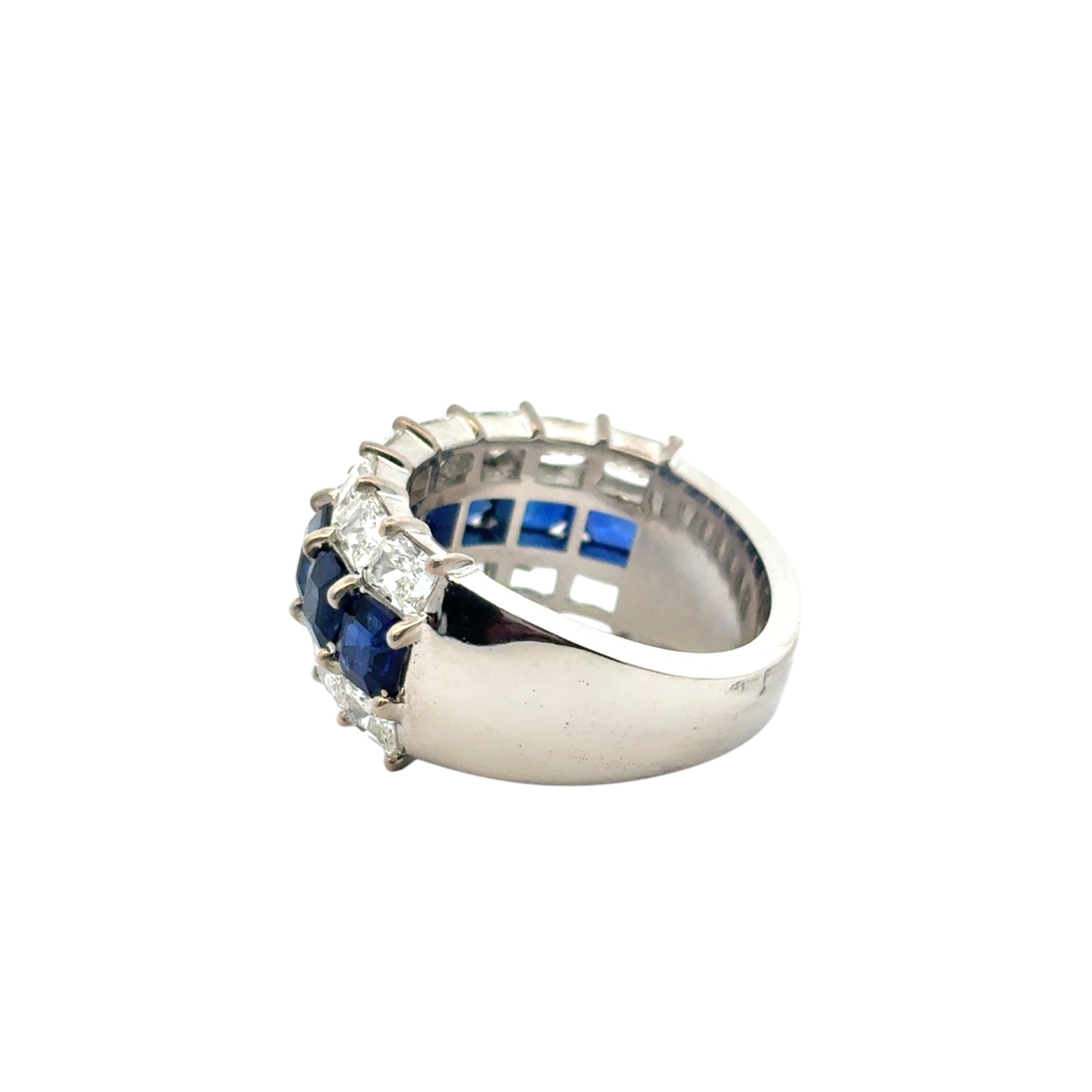 18k White Gold Natural Emerald Sapphire & Natural Radiant Diamond 3 Row Ring For Sale 6