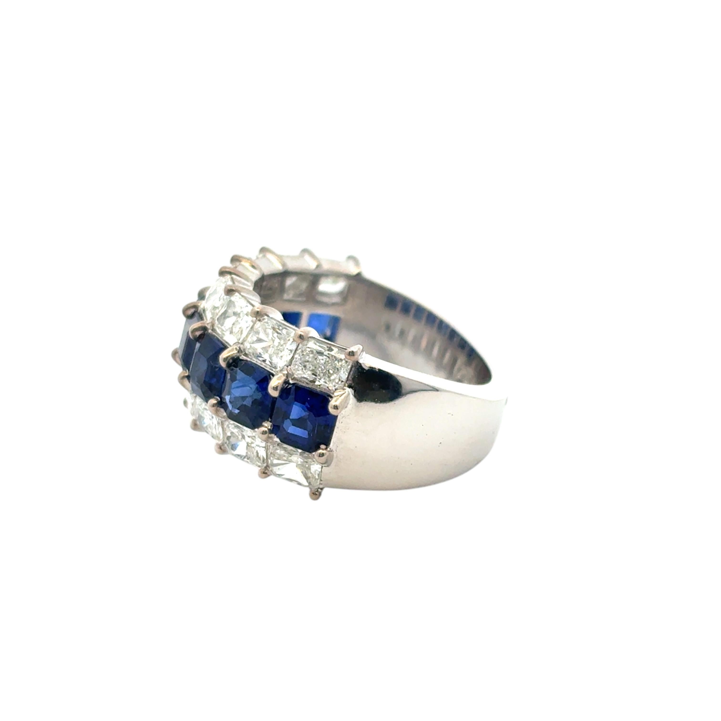 18k White Gold Natural Emerald Sapphire & Natural Radiant Diamond 3 Row Ring For Sale 8