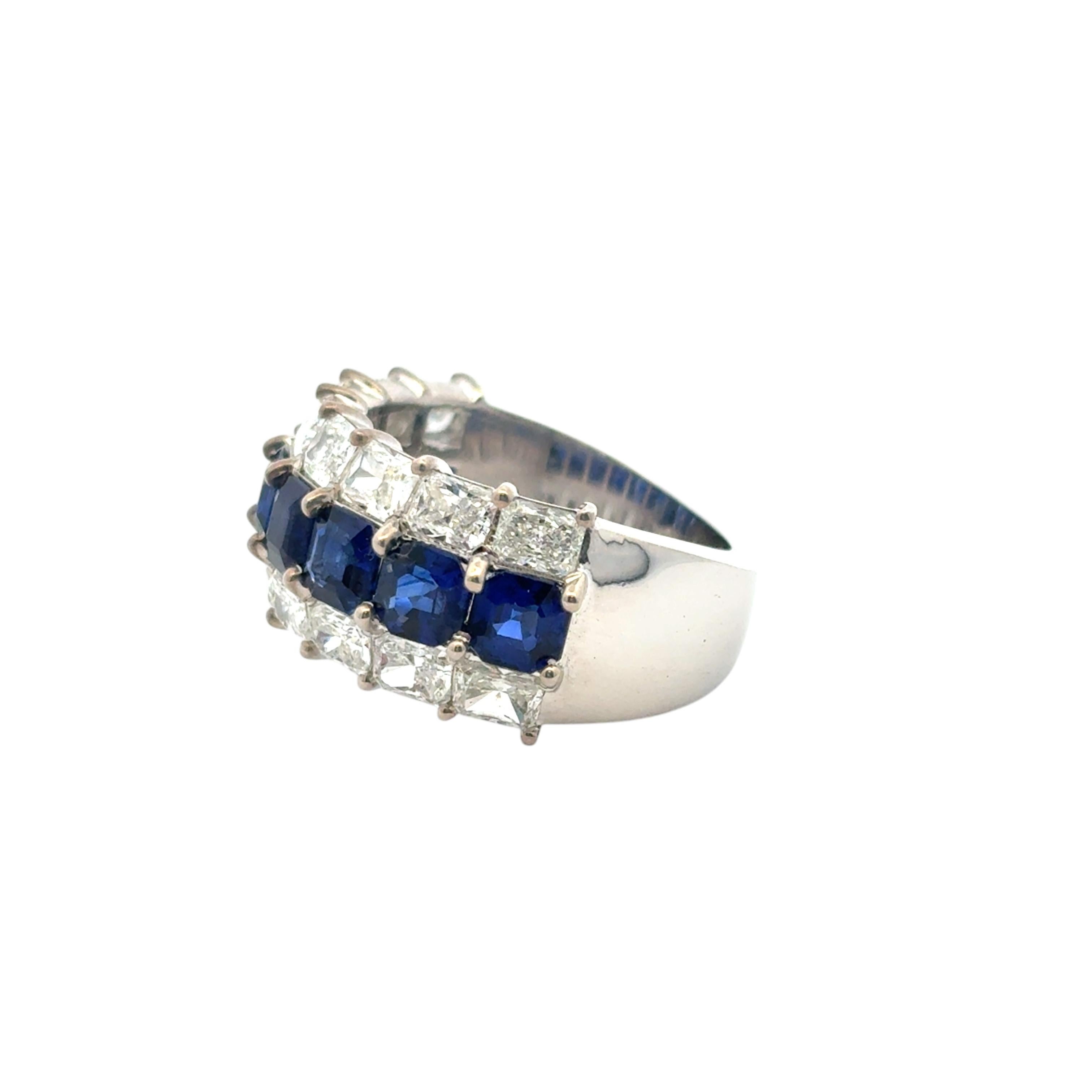 18k White Gold Natural Emerald Sapphire & Natural Radiant Diamond 3 Row Ring For Sale 9