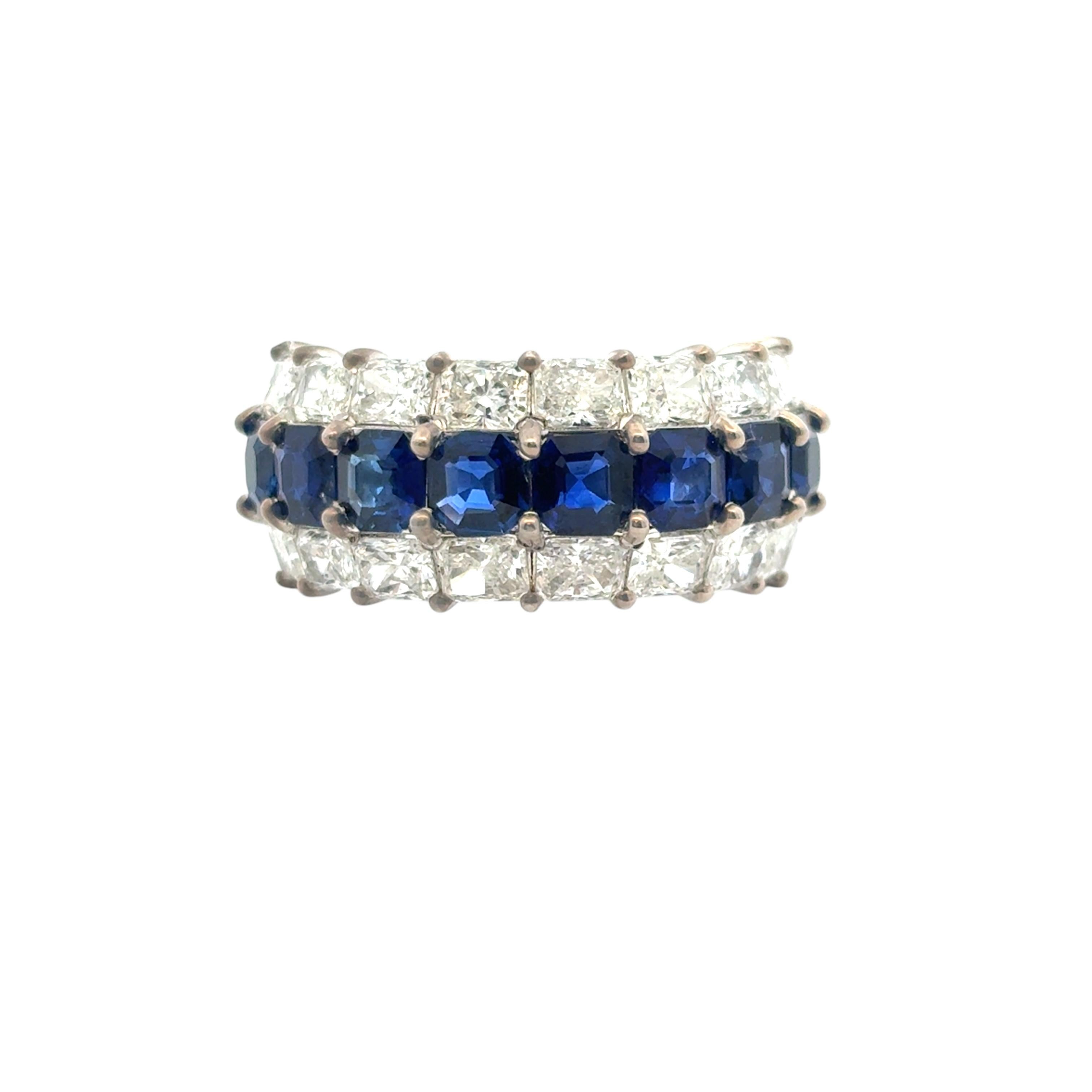 18k White Gold Natural Emerald Sapphire & Natural Radiant Diamond 3 Row Ring For Sale 12