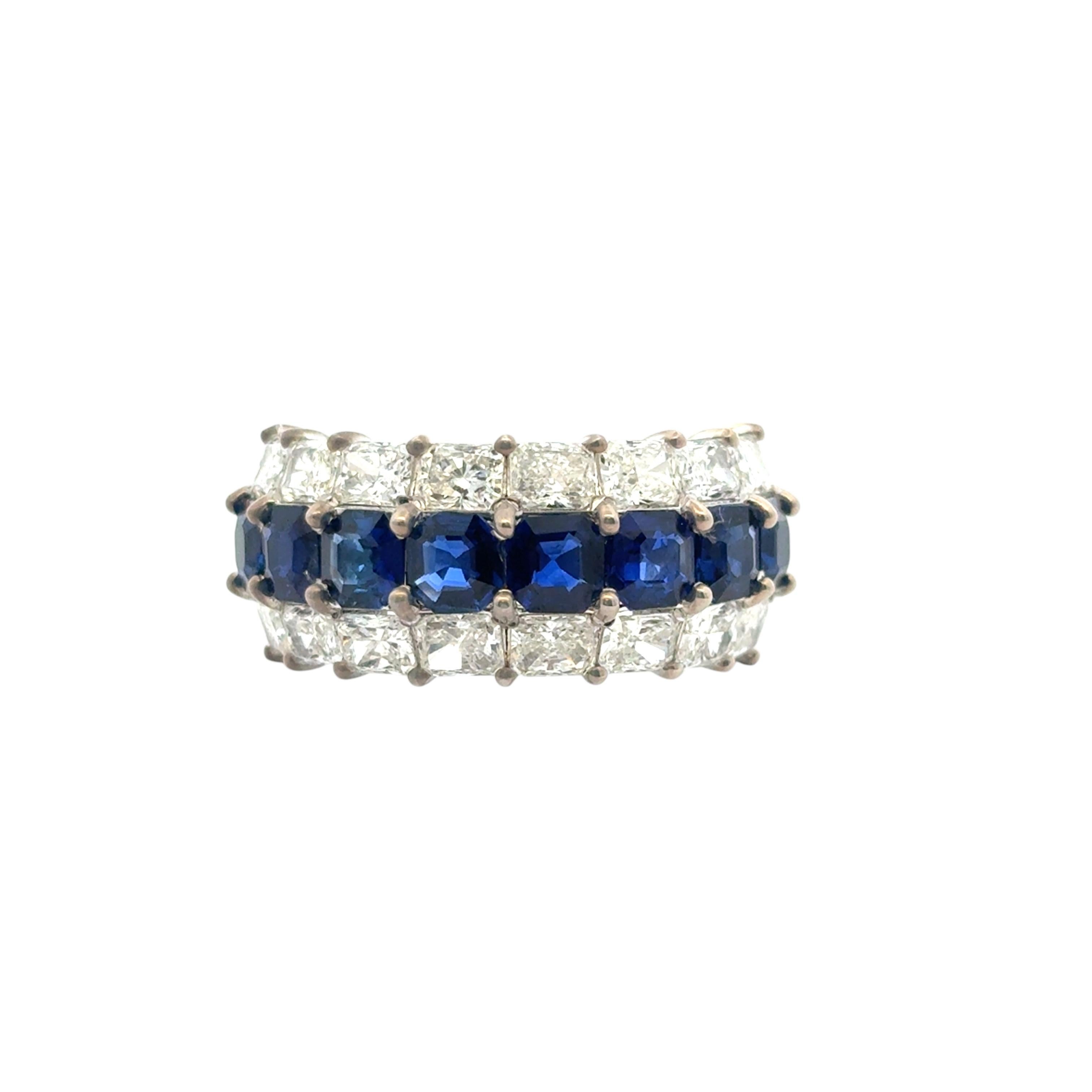 18k White Gold Natural Emerald Sapphire & Natural Radiant Diamond 3 Row Ring For Sale 13