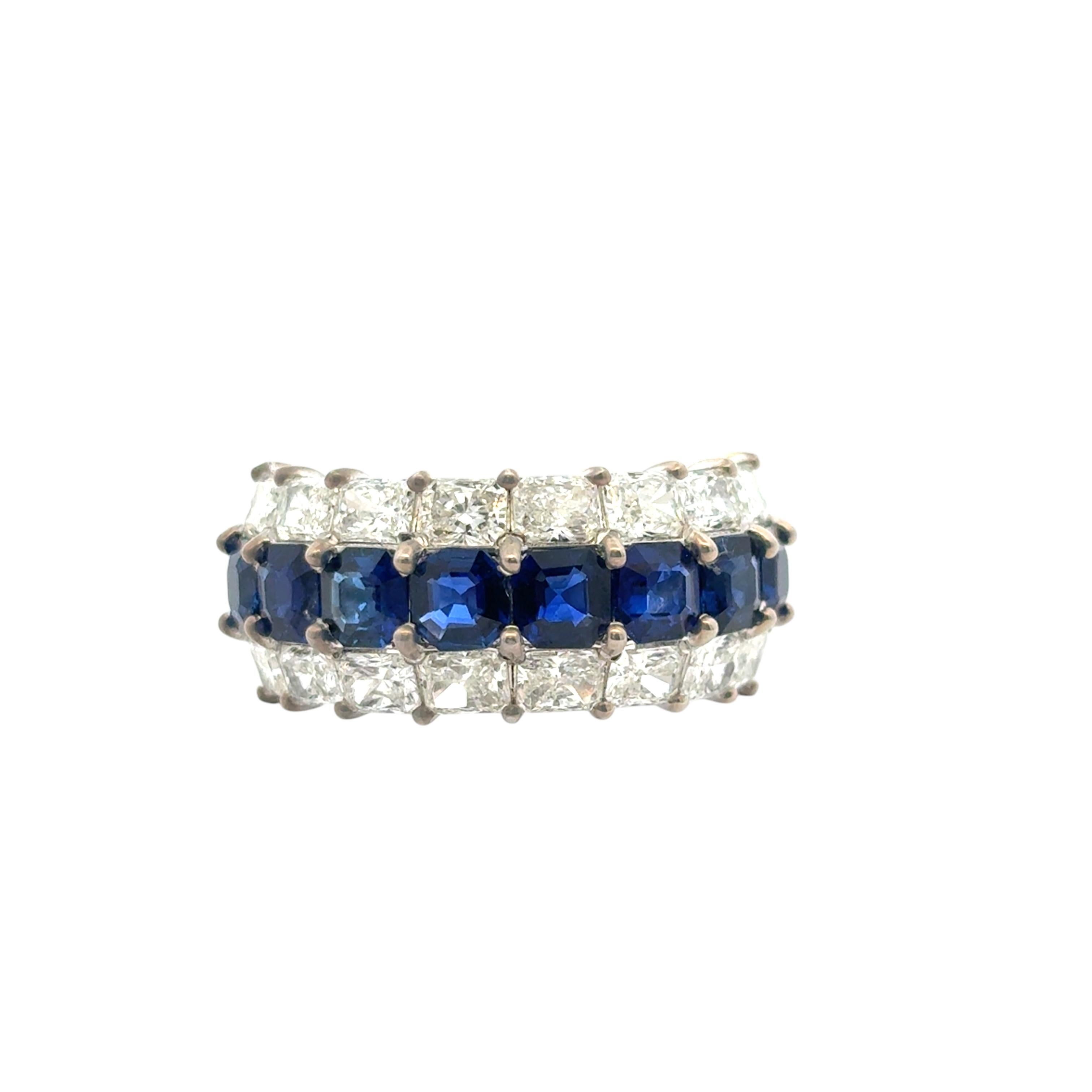 18k White Gold Natural Emerald Sapphire & Natural Radiant Diamond Three Row Wide Ring

This stunning Three Row Sapphire Ring is in excellent condition and is ready to ship!

Style: Three Row Sapphire and Diamond Wide Band
Material: 18k White