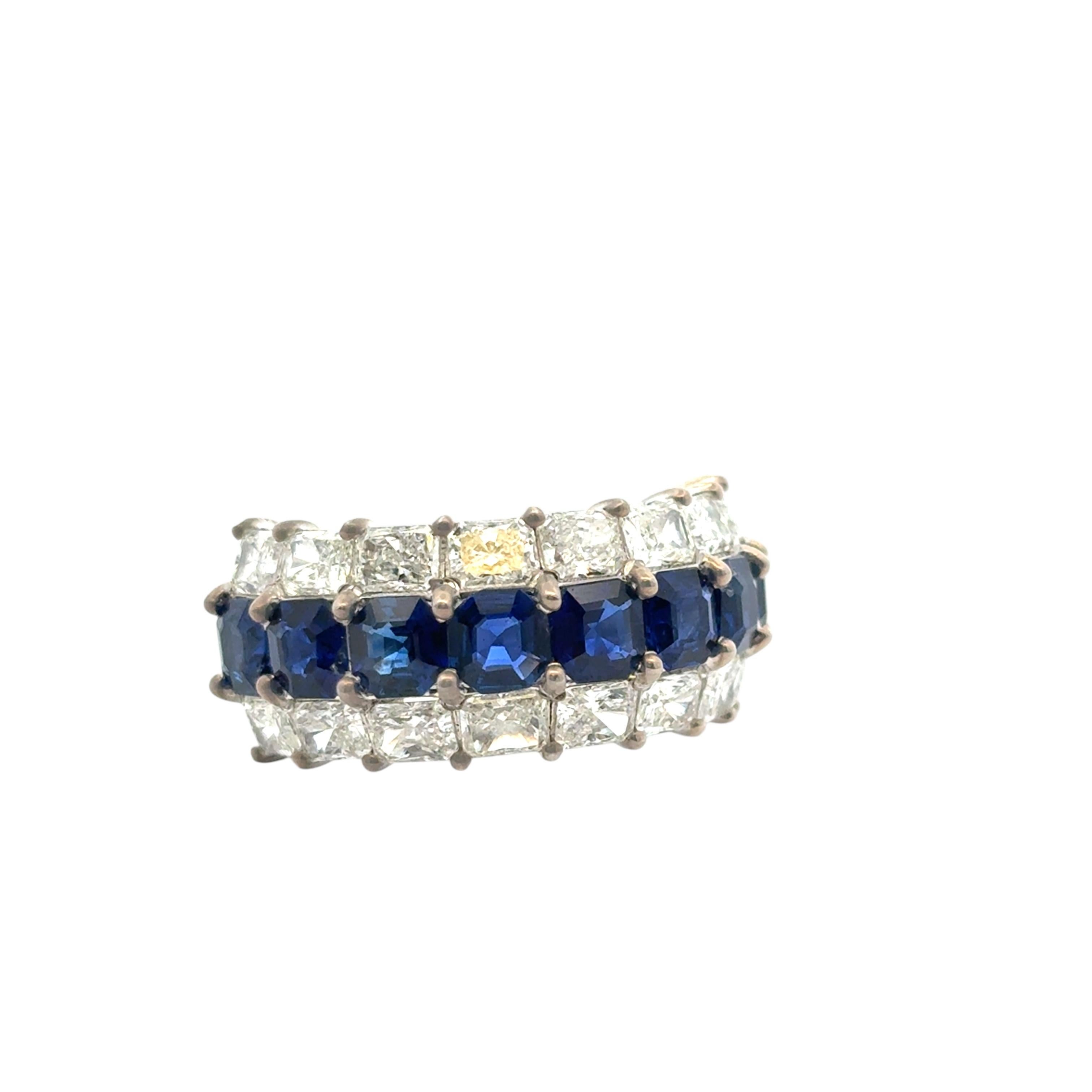 Modern 18k White Gold Natural Emerald Sapphire & Natural Radiant Diamond 3 Row Ring For Sale