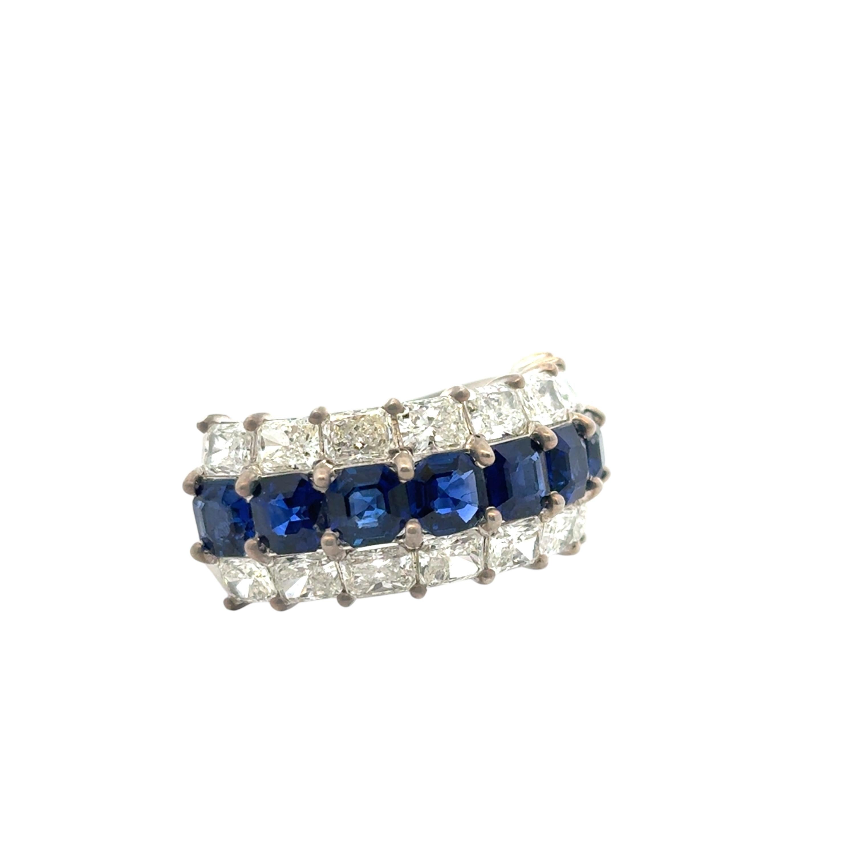 Emerald Cut 18k White Gold Natural Emerald Sapphire & Natural Radiant Diamond 3 Row Ring For Sale