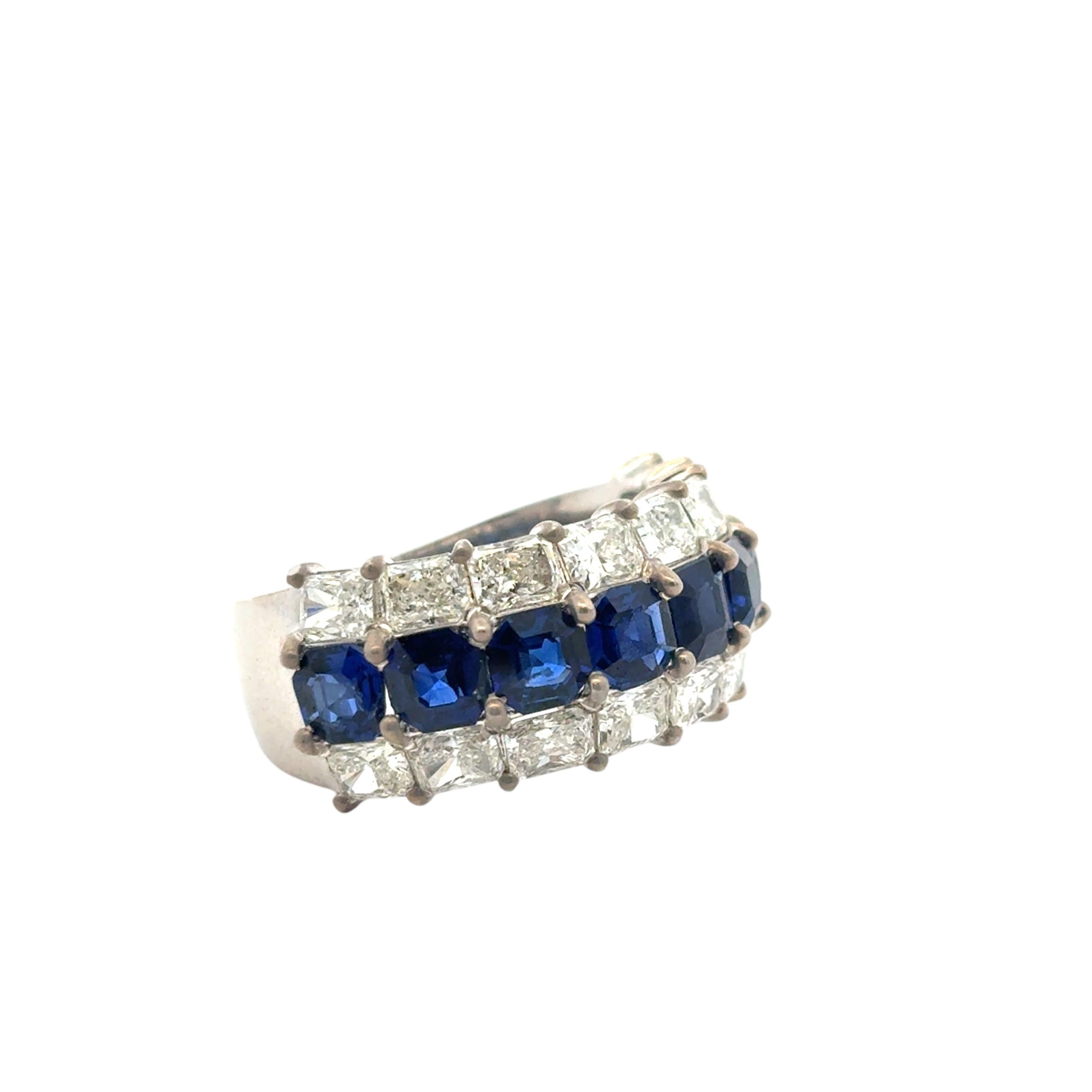 18k White Gold Natural Emerald Sapphire & Natural Radiant Diamond 3 Row Ring In New Condition For Sale In Boca Raton, FL