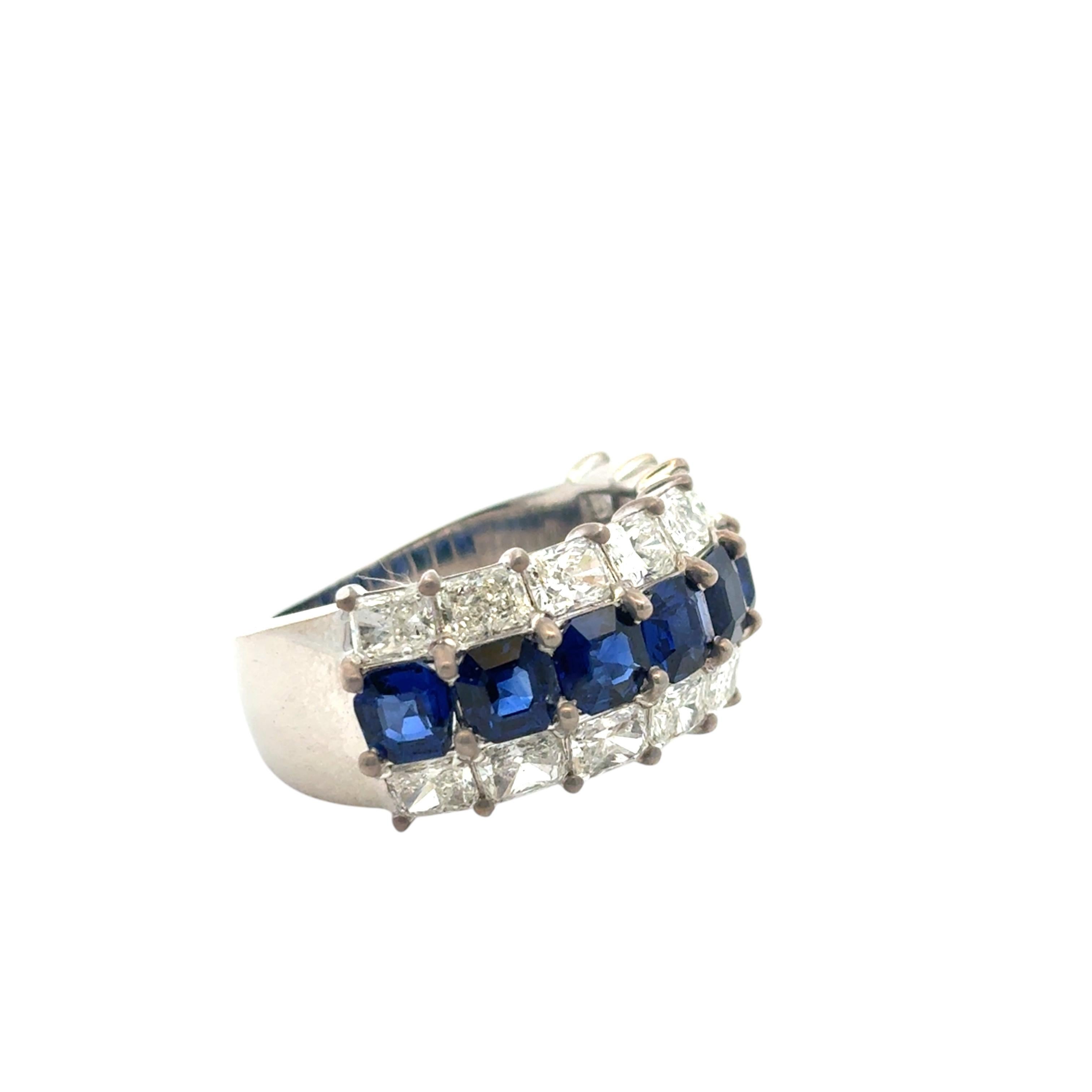 Women's 18k White Gold Natural Emerald Sapphire & Natural Radiant Diamond 3 Row Ring For Sale