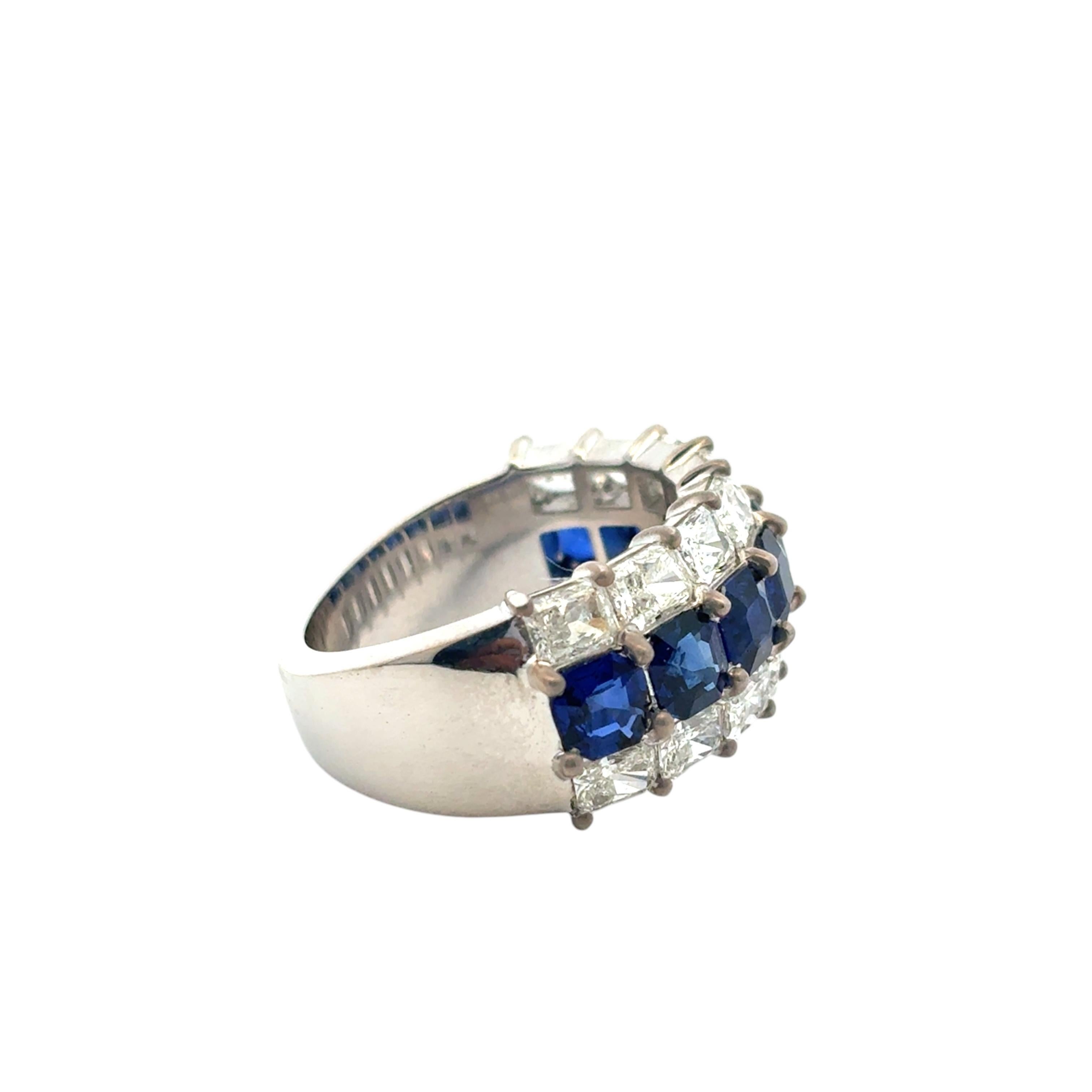 18k White Gold Natural Emerald Sapphire & Natural Radiant Diamond 3 Row Ring For Sale 1