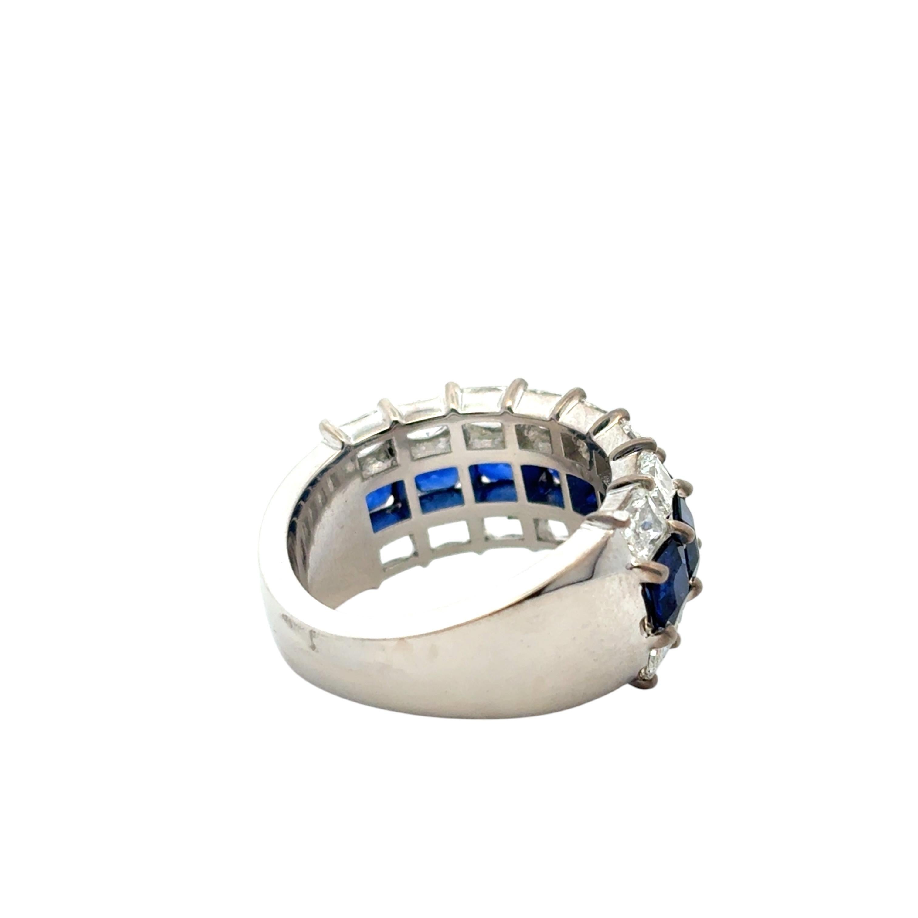 18k White Gold Natural Emerald Sapphire & Natural Radiant Diamond 3 Row Ring For Sale 2