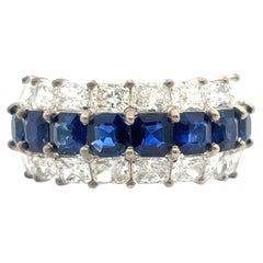 Bague à 3 rangées en or blanc 18 carats, émeraude naturelle, saphir et diamant radiant naturel