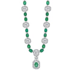 18K White Gold Natural Emeralds and Diamonds Necklace, 8.73ct  Anniversary Gift