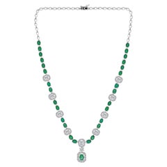 18K White Gold Natural Emeralds and Diamonds Necklace, 8.73ct  Anniversary Gift