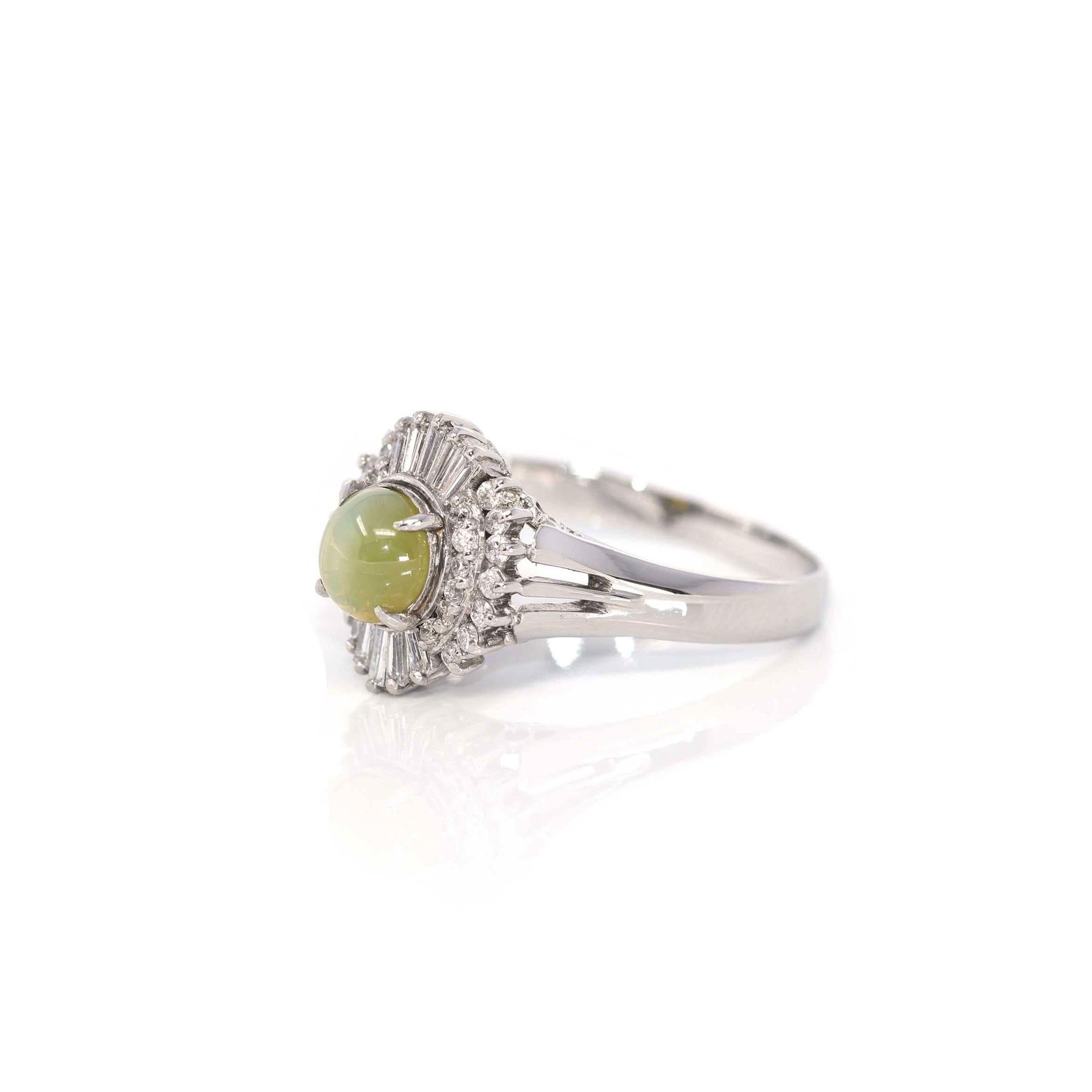 * Design Concept--- This ring features a natural chrysoberyl cat's eye as the center of attention. The design is simplistic yet elegant. The ring looks very exquisite with diamonds tracing the accents. Baikalla artisans are dedicated to combining