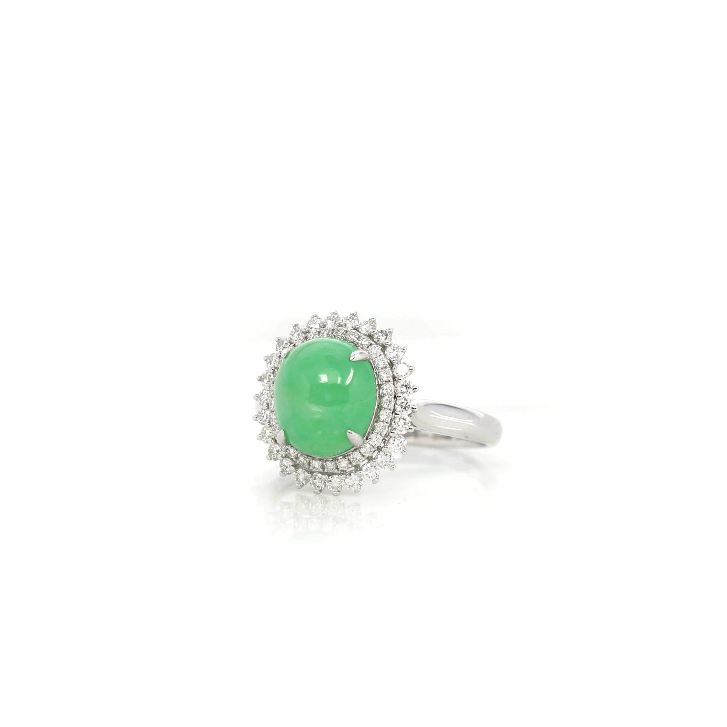 * ORIGINAL DESIGN --- Inspired by the natural beauty of genuine Burmese Imperial Green Jadeite, the rich, beautiful apple green color is found on no other stone. This one of a kind engagement ring combines the natural beauty of the extremely rare