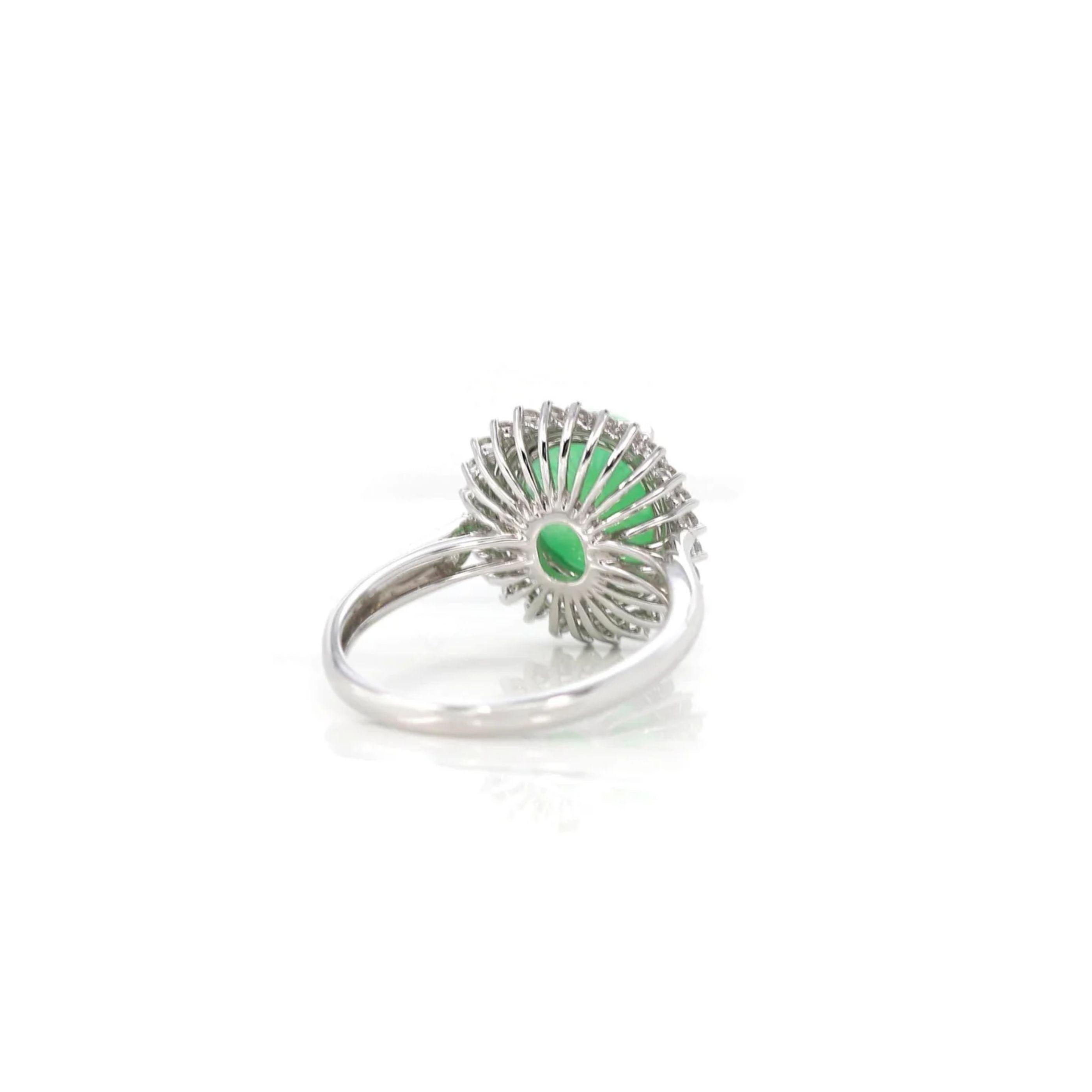 Cabochon 18k White Gold Natural Imperial Green Jadeite Jade Engagement Ring with Diamonds For Sale