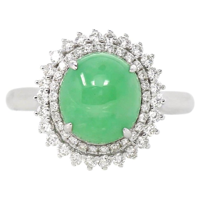18k White Gold Natural Imperial Green Jadeite Jade Engagement Ring with Diamonds For Sale at 1stDibs