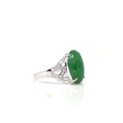 18k White Gold Natural Imperial Green Oval Jadeite Jade Engagement Ring Diamonds