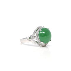 18k White Gold Natural Imperial Green Oval Jadeite Jade Engagement Ring Diamonds