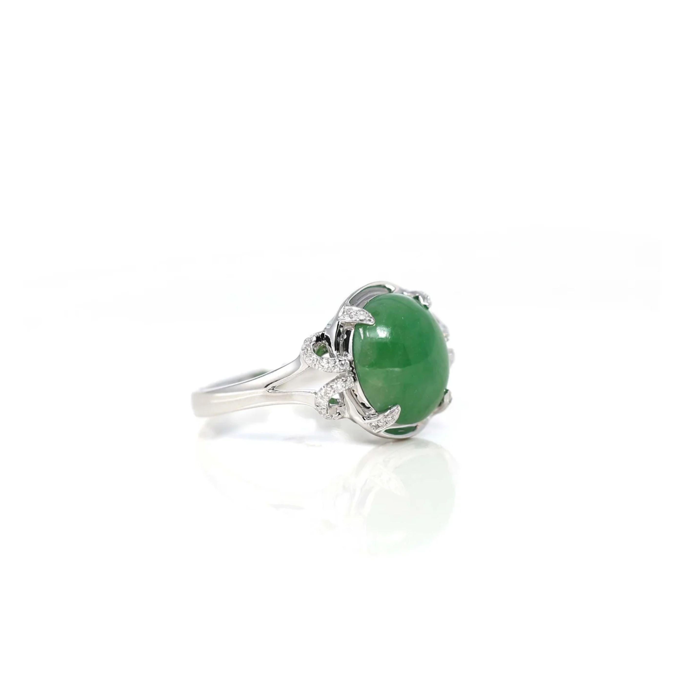 Artist 18k White Gold Natural Imperial Green Oval Jadeite Jade Engagement Ring Diamonds For Sale