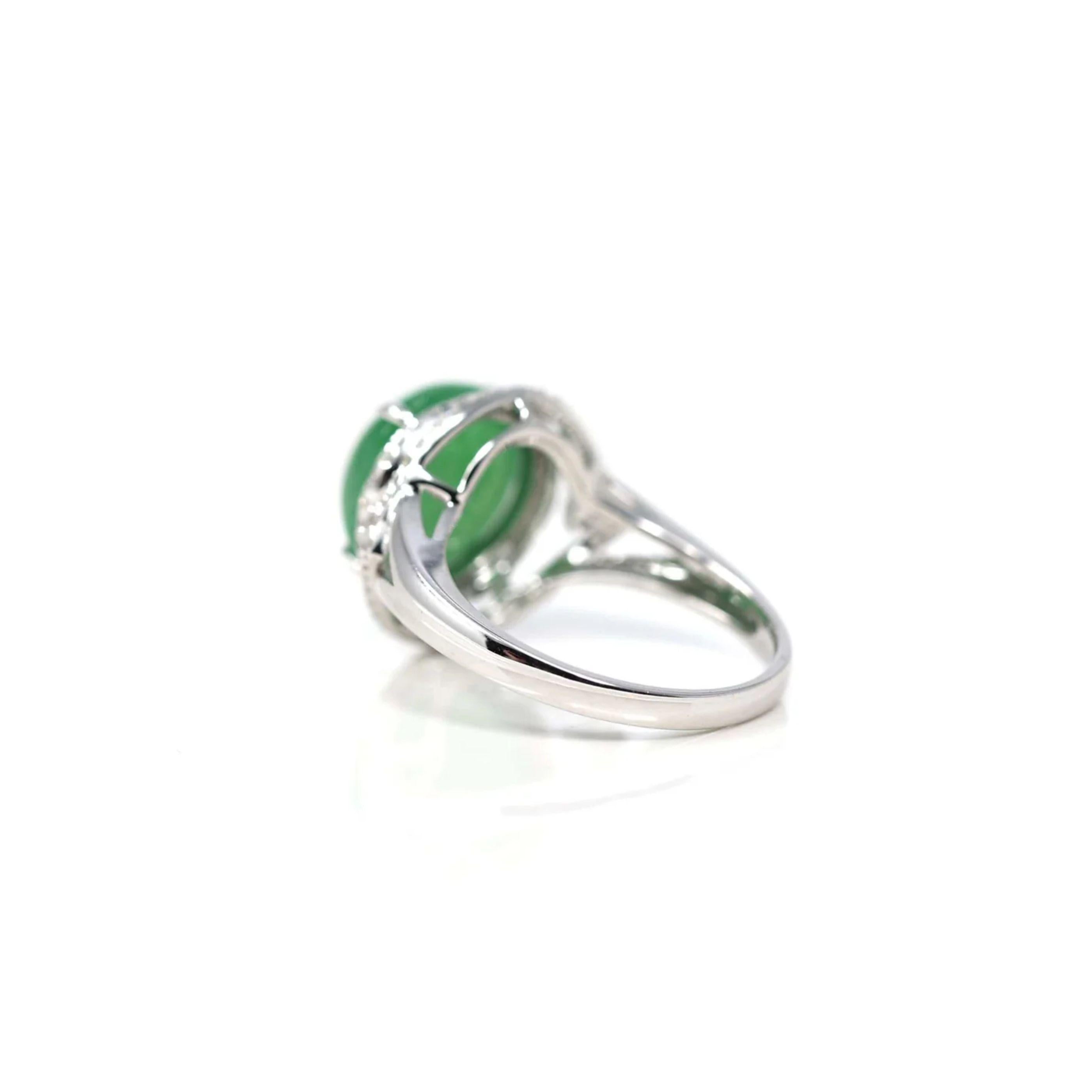 Artist 18k White Gold Natural Imperial Green Oval Jadeite Jade Engagement Ring Diamonds For Sale